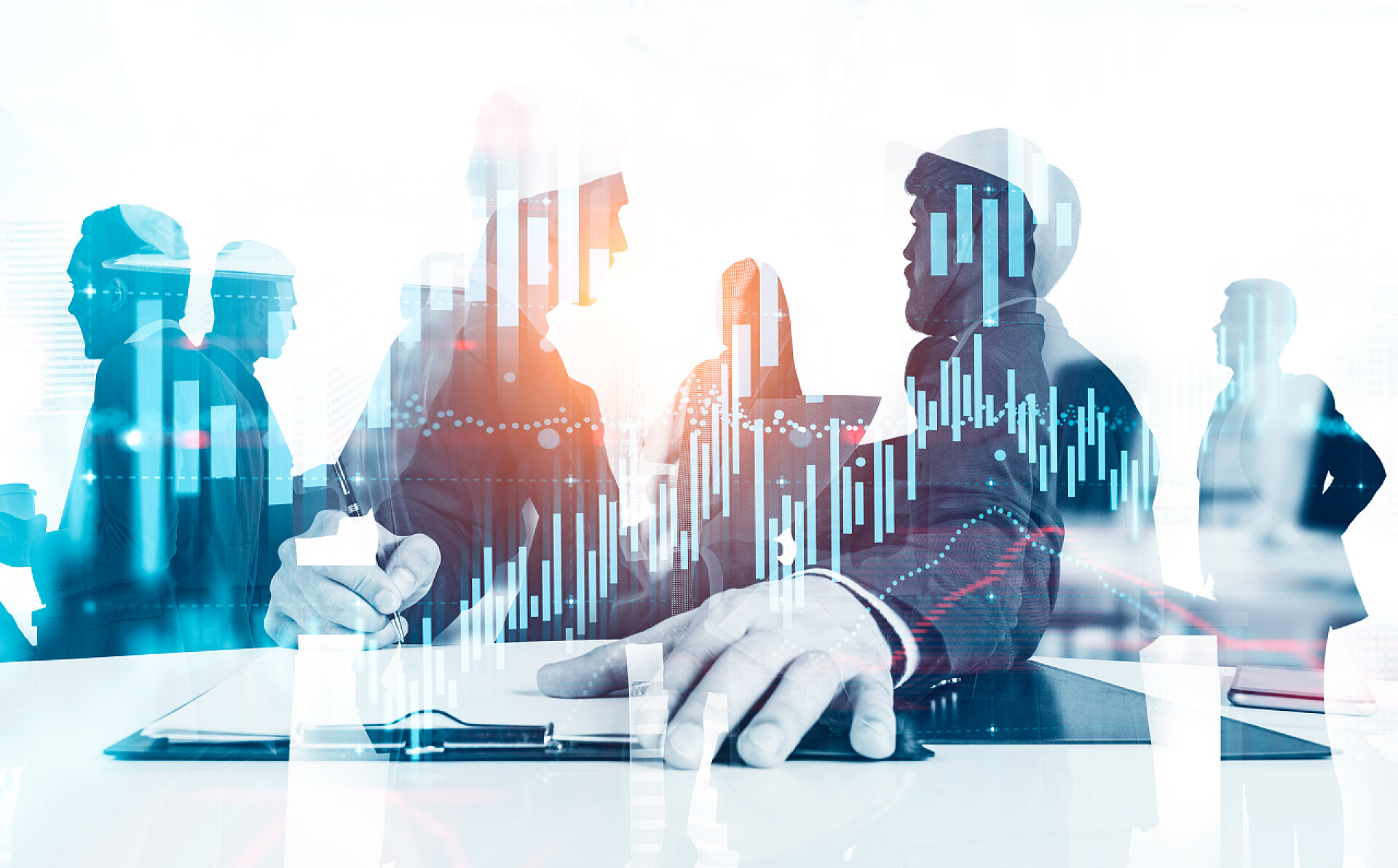 商务商人在办公室签署文件与虚拟图表融合的背景