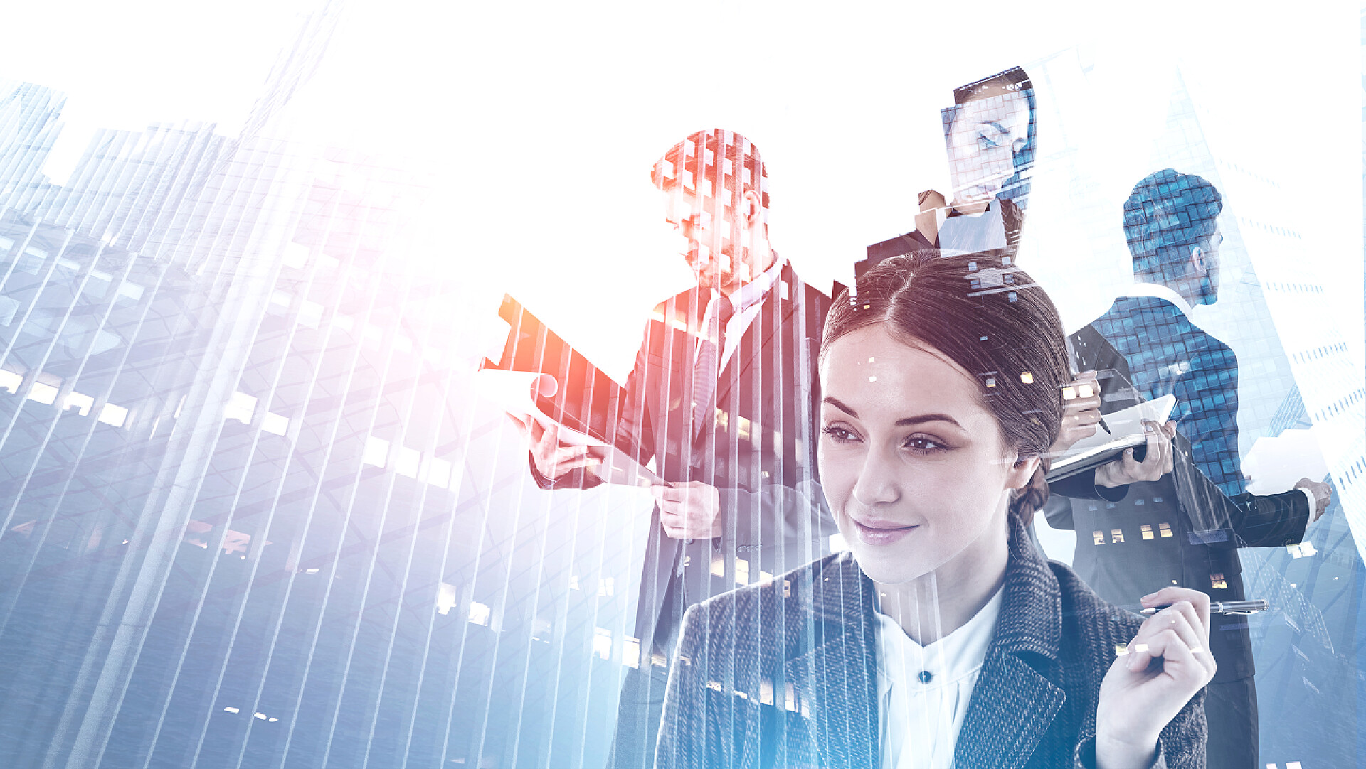 商务一群商人在摩天大楼的背景下工作