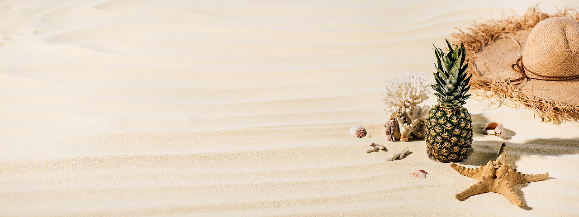 热带沙滩上的海星太阳帽和凤梨