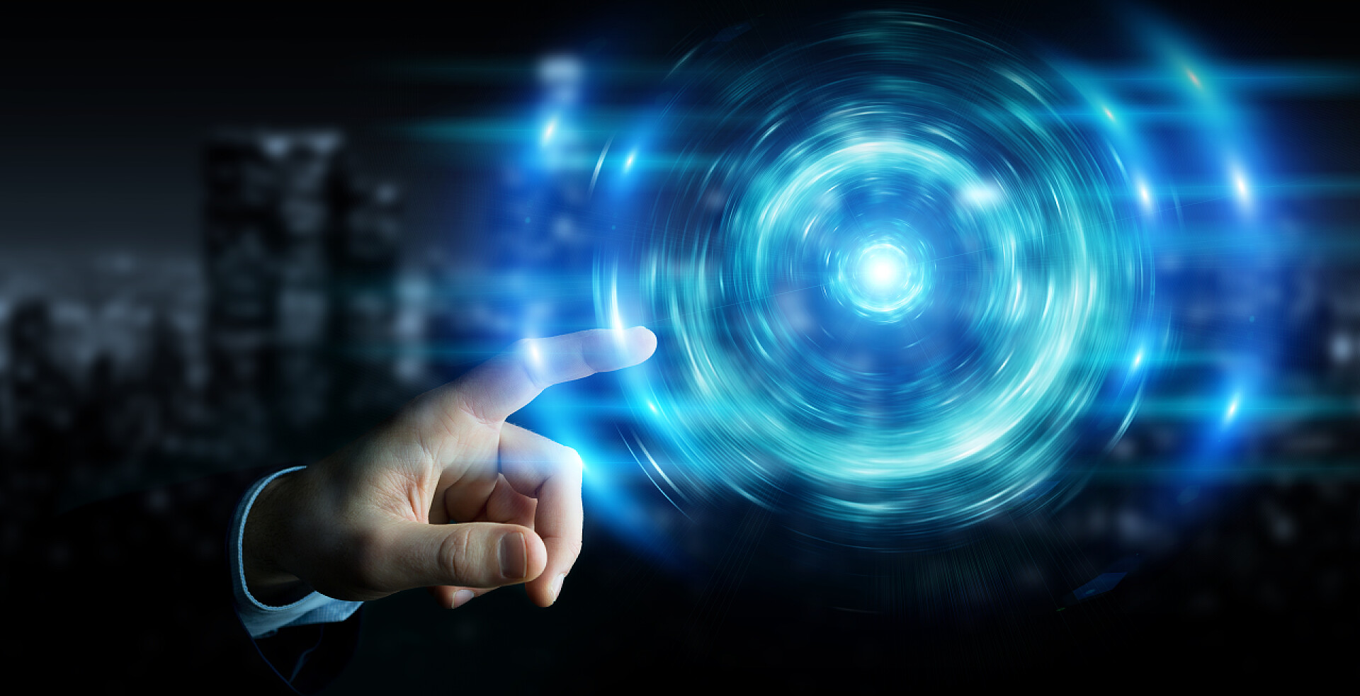 科技黑暗背景下的商人创造新的未来主义能源3D渲染