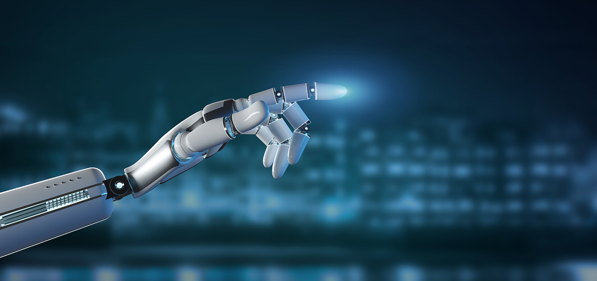 科技城市背景上一个机器人的手