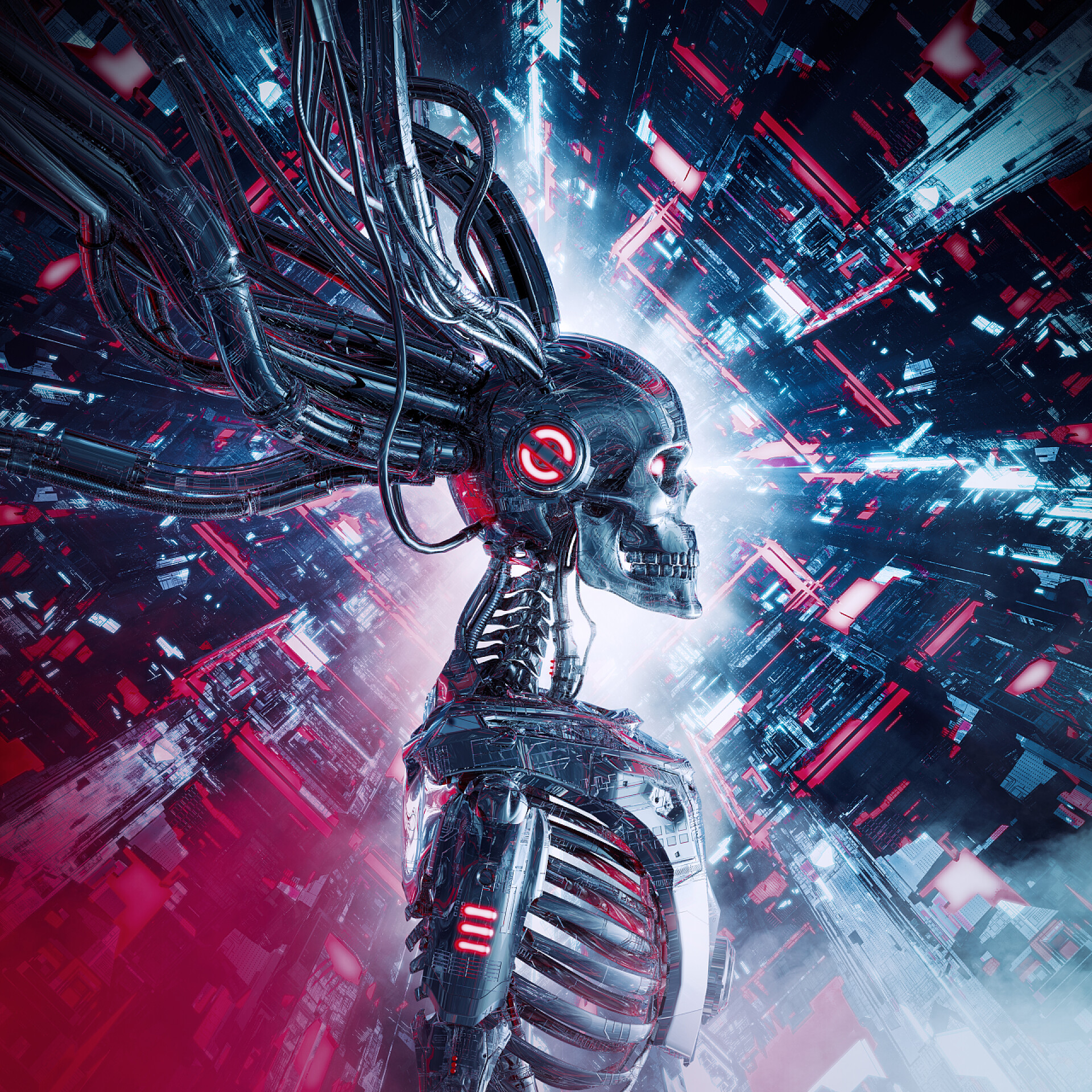 虚拟科幻城市和金属科幻骨架的3D机器人