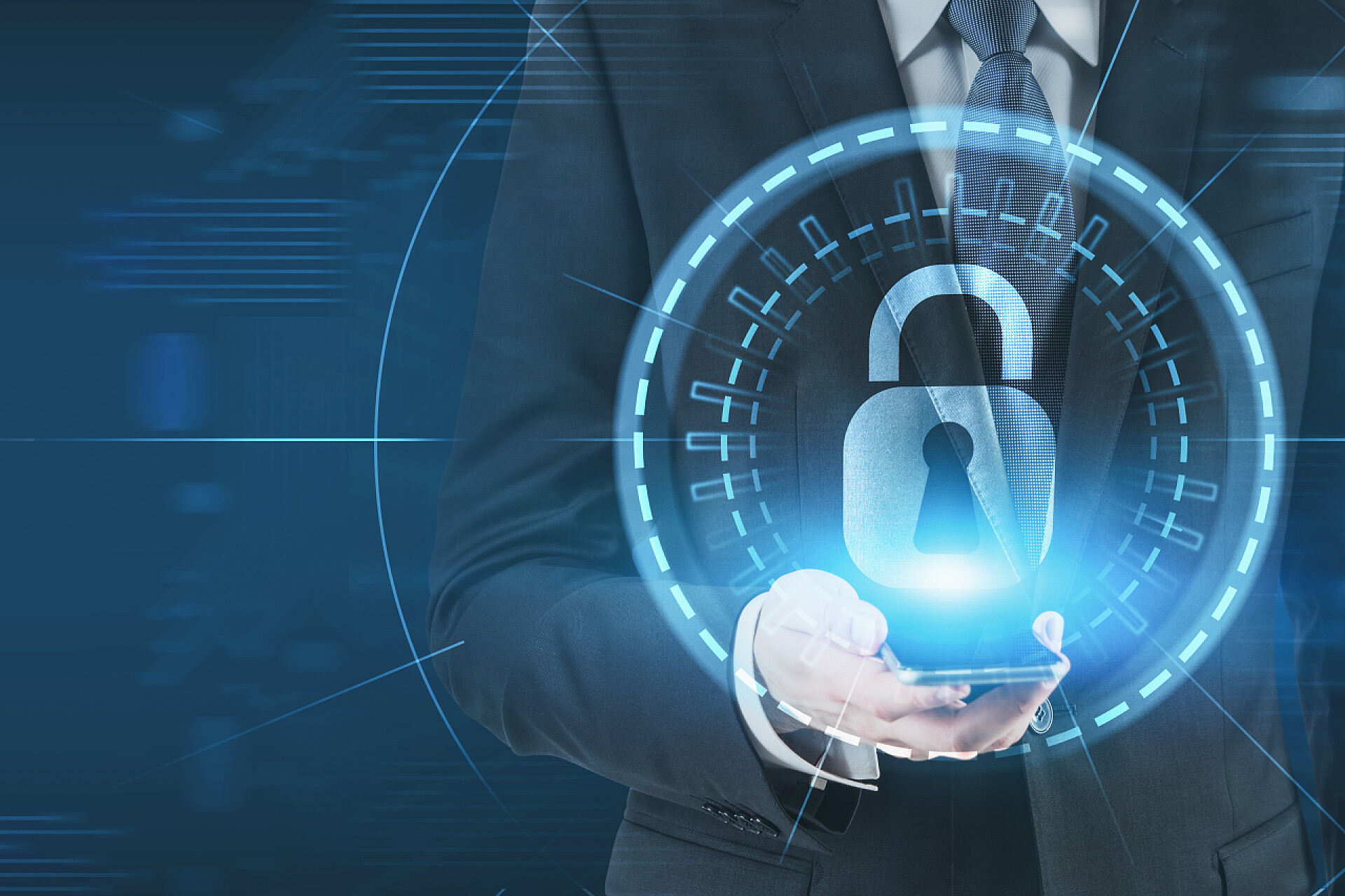 蓝色科技背景中商务男士拿着智能手机网络安全概念