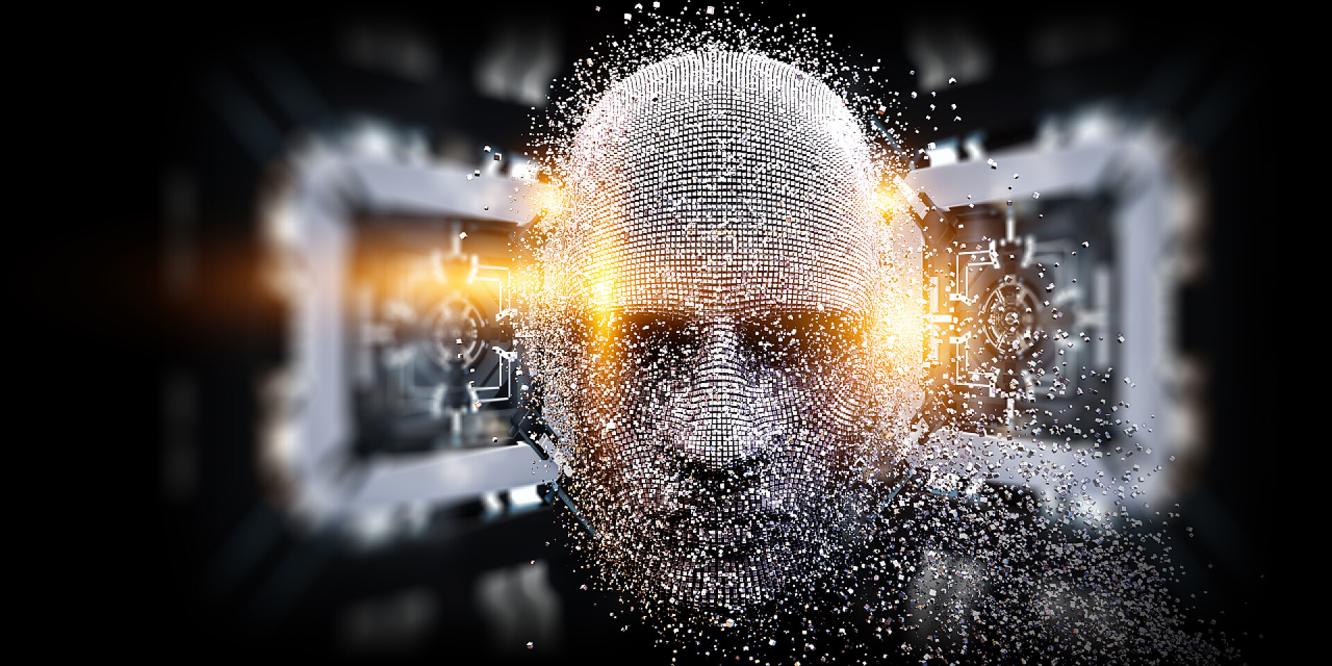 黑色背景上的机械人头部特写科技