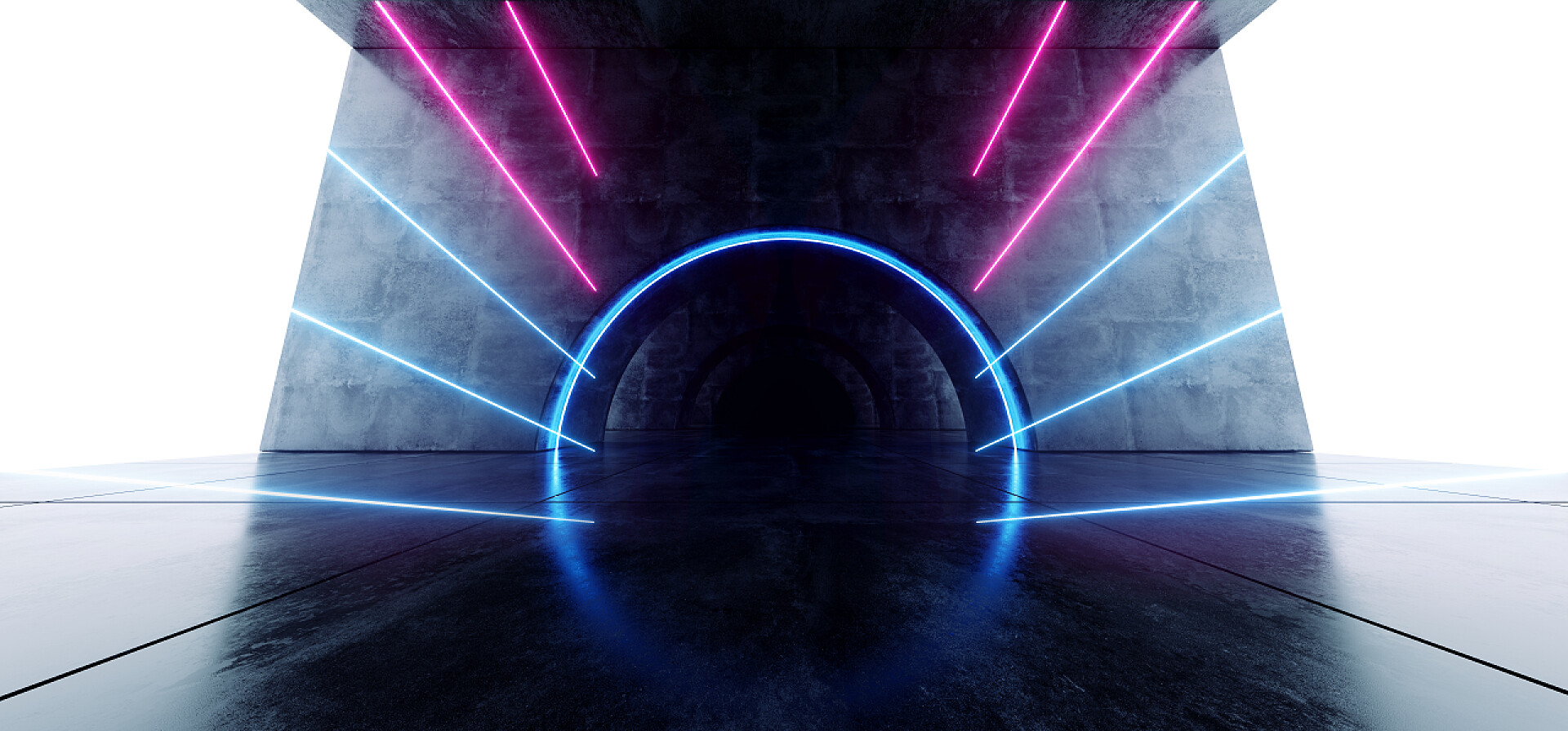 霓虹灯发光线下的混凝土墙体里的黑洞