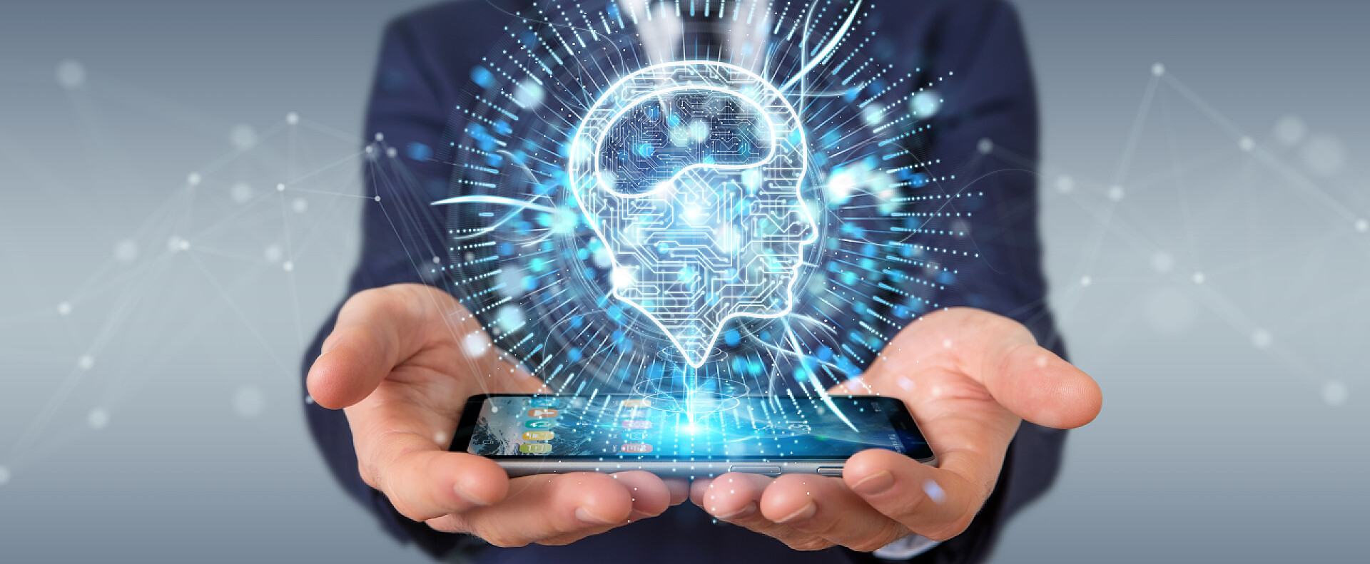 电子行业商人在模糊的背景下使用数字人工智能