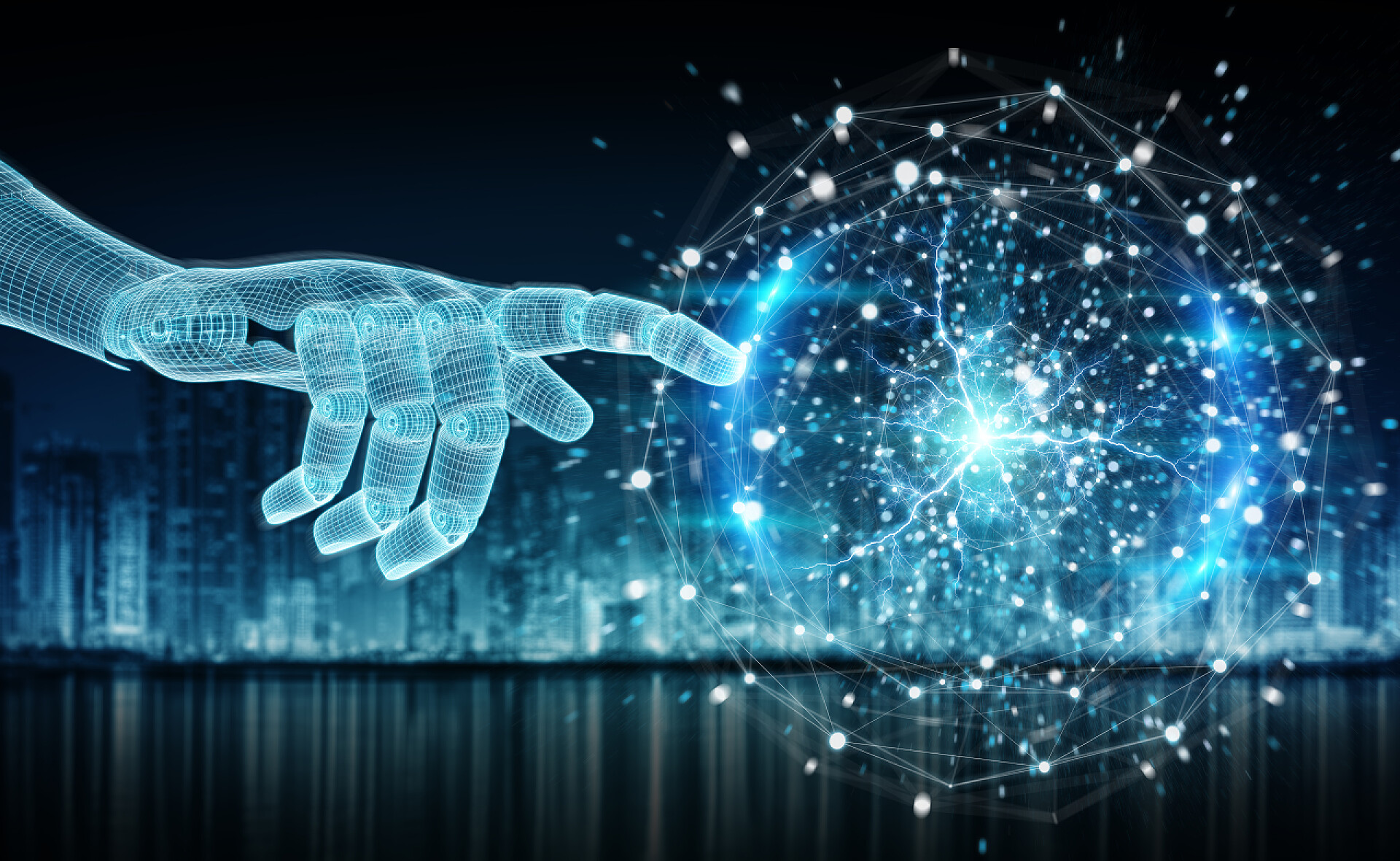 电子行业蓝色机器人手触碰数字球体网络