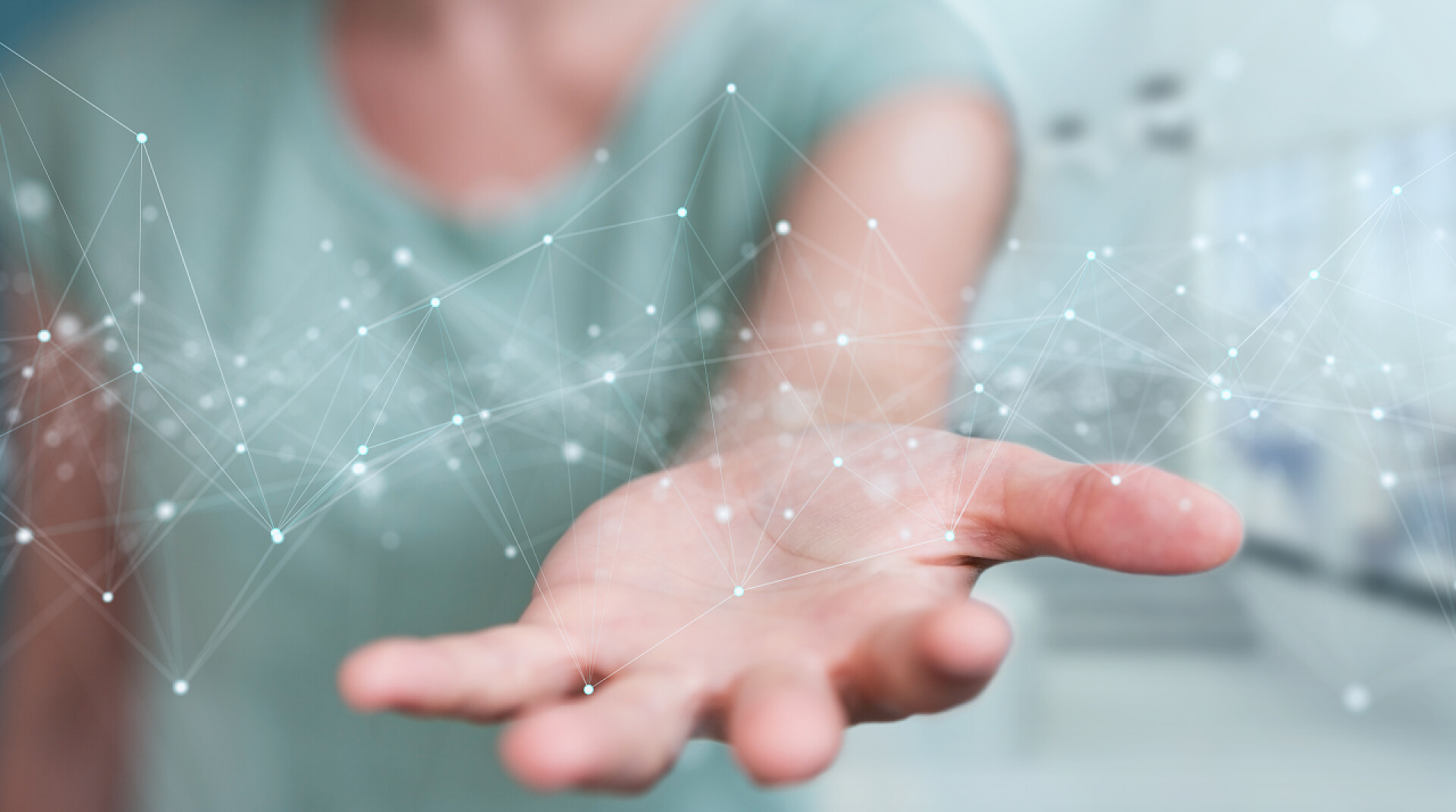 科技点和线三维渲染的数字网络连接模糊背景下的女人