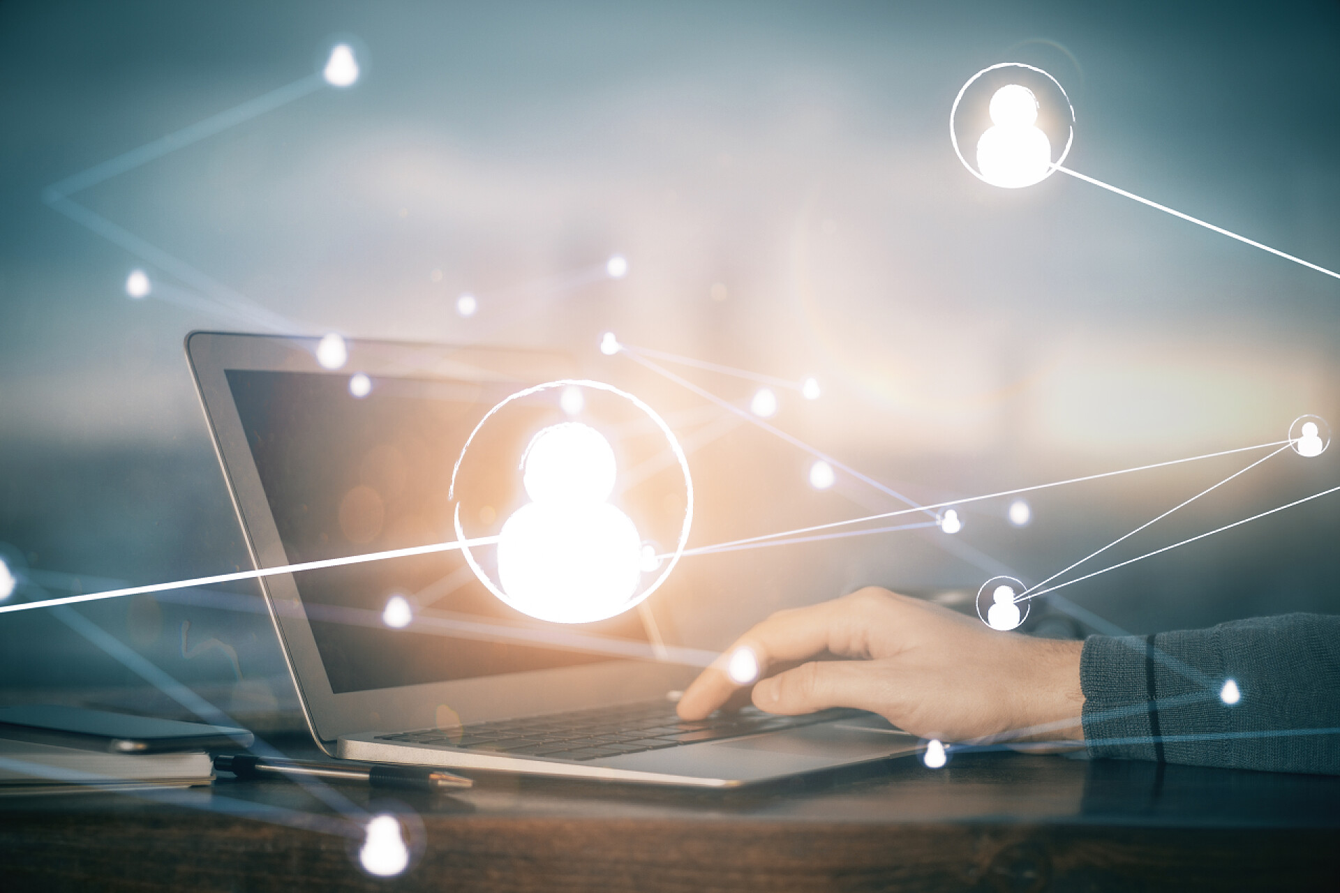 商务社交网络全息图与商人在计算机背景下工作