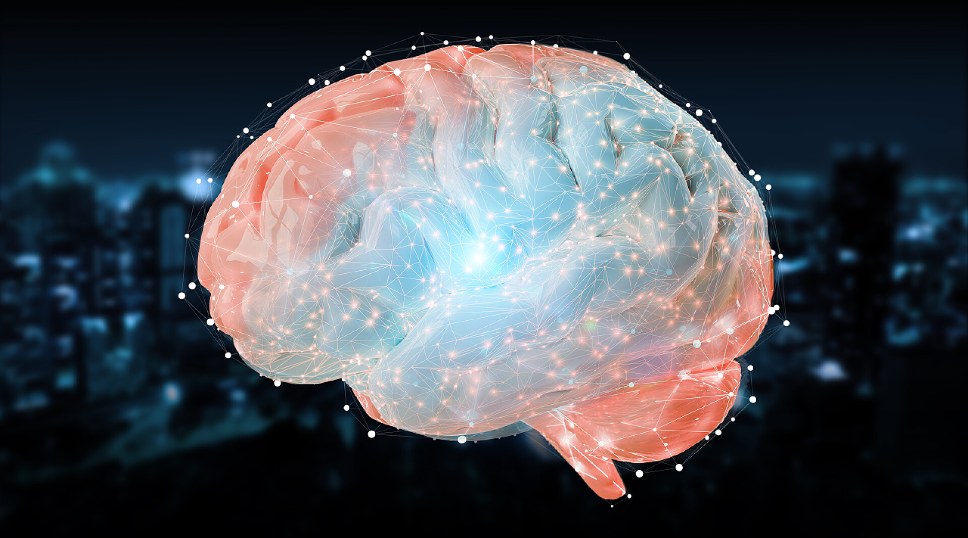 科技数字3d 投影的人脑在蓝色城市背景前3d 渲染