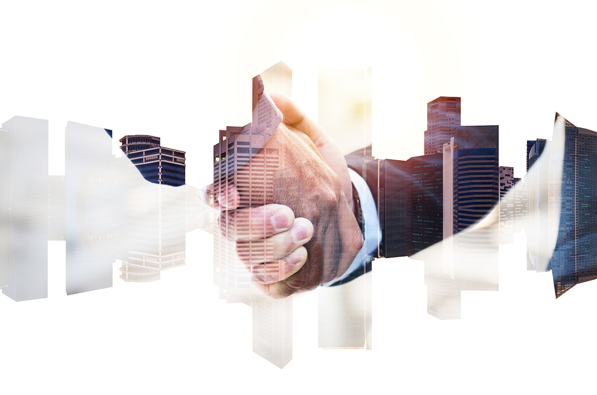 商务商人与合作伙伴握手的双重曝光形象