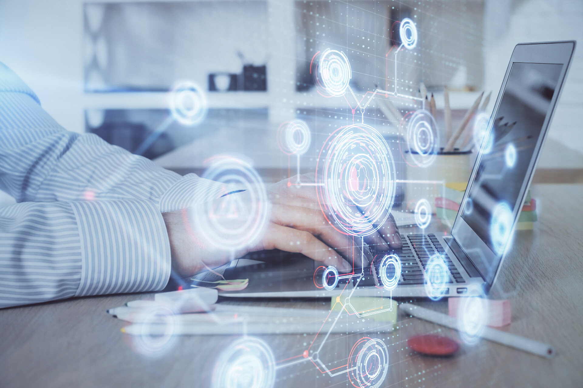 笔记本电脑上工作的商人与技术主题绘图