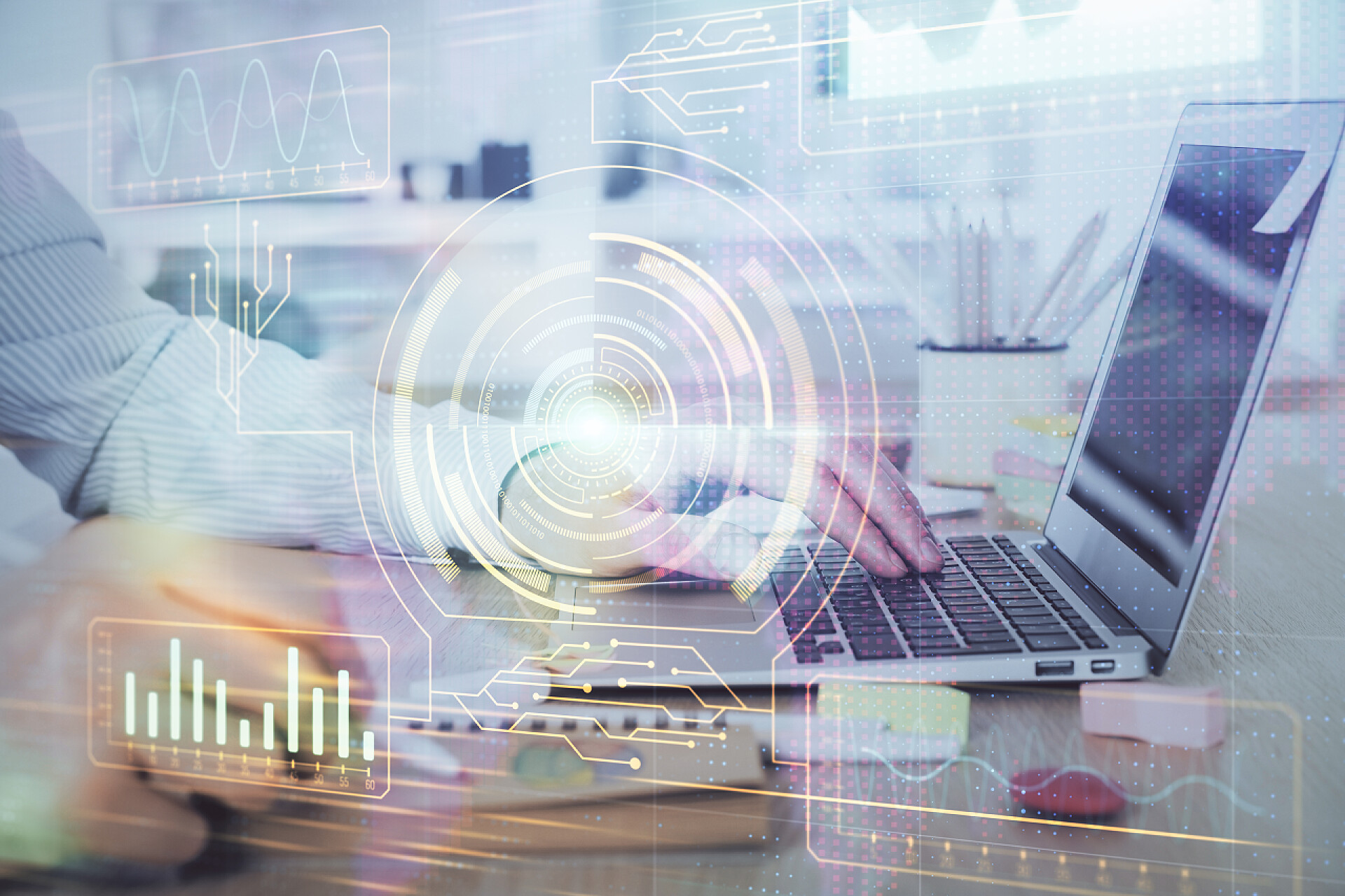 笔记本电脑上工作的商人与技术主题绘图