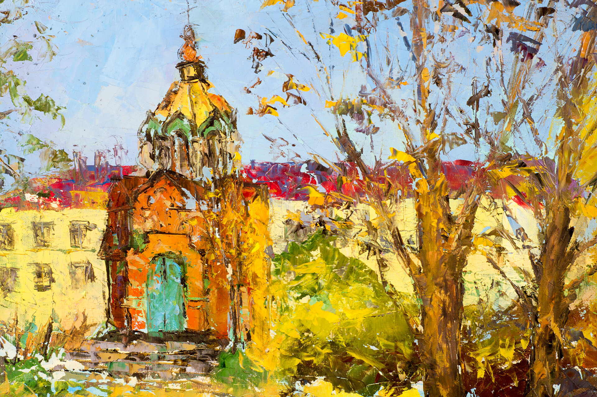 一幅蓝天白云下的村庄油画