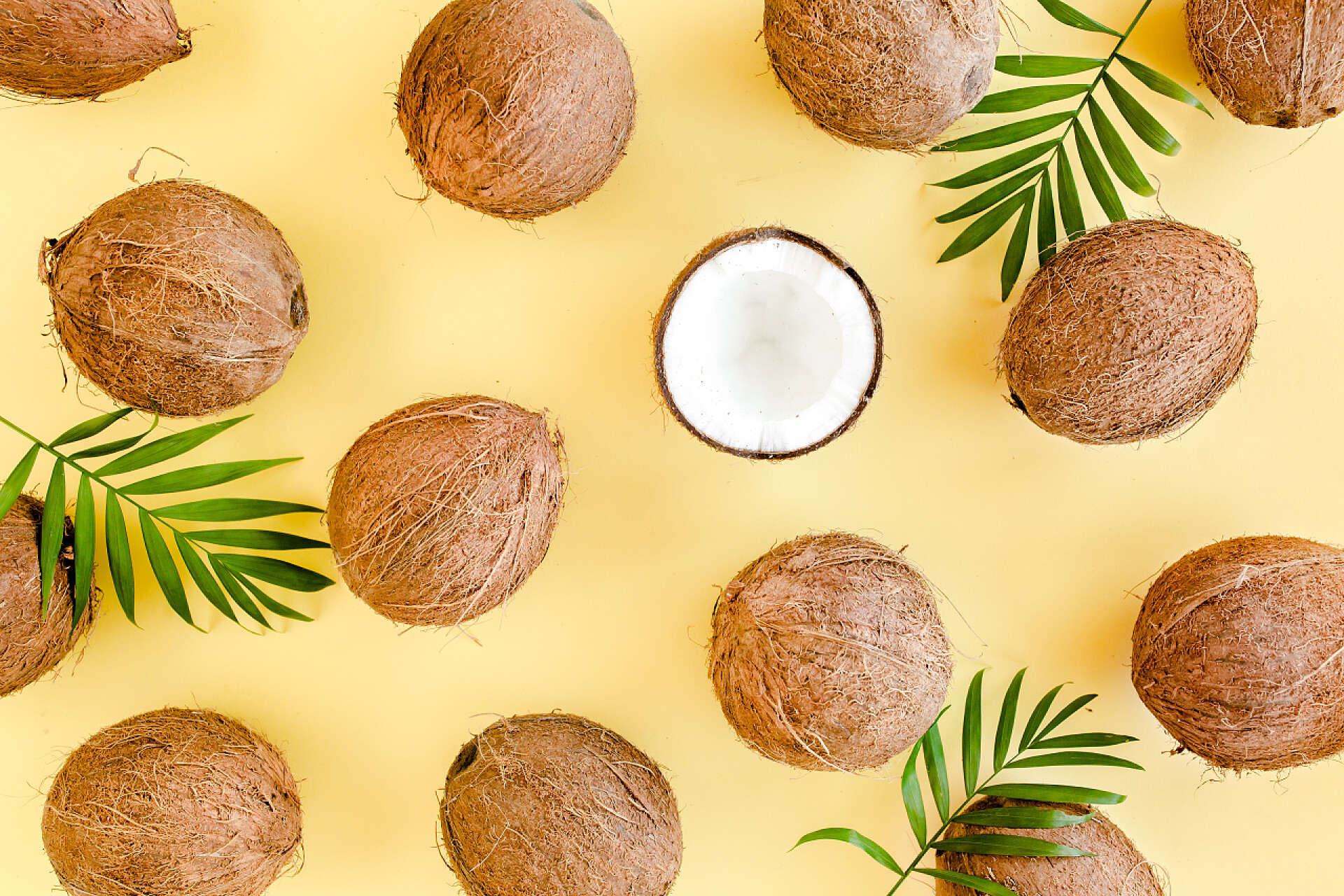 黄色背景上的一堆椰子水果