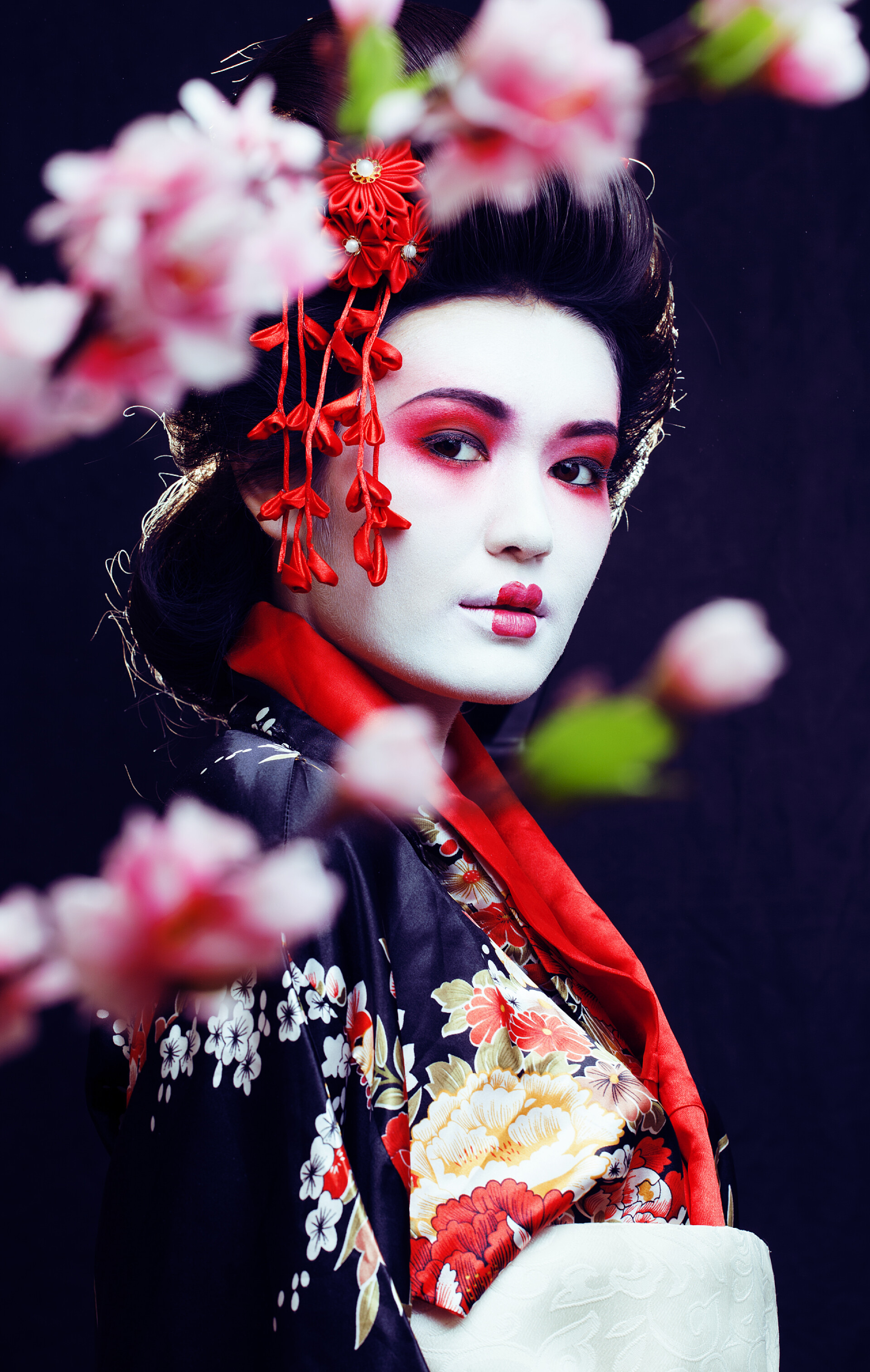 黑色背景上穿和服的年轻漂亮的艺伎