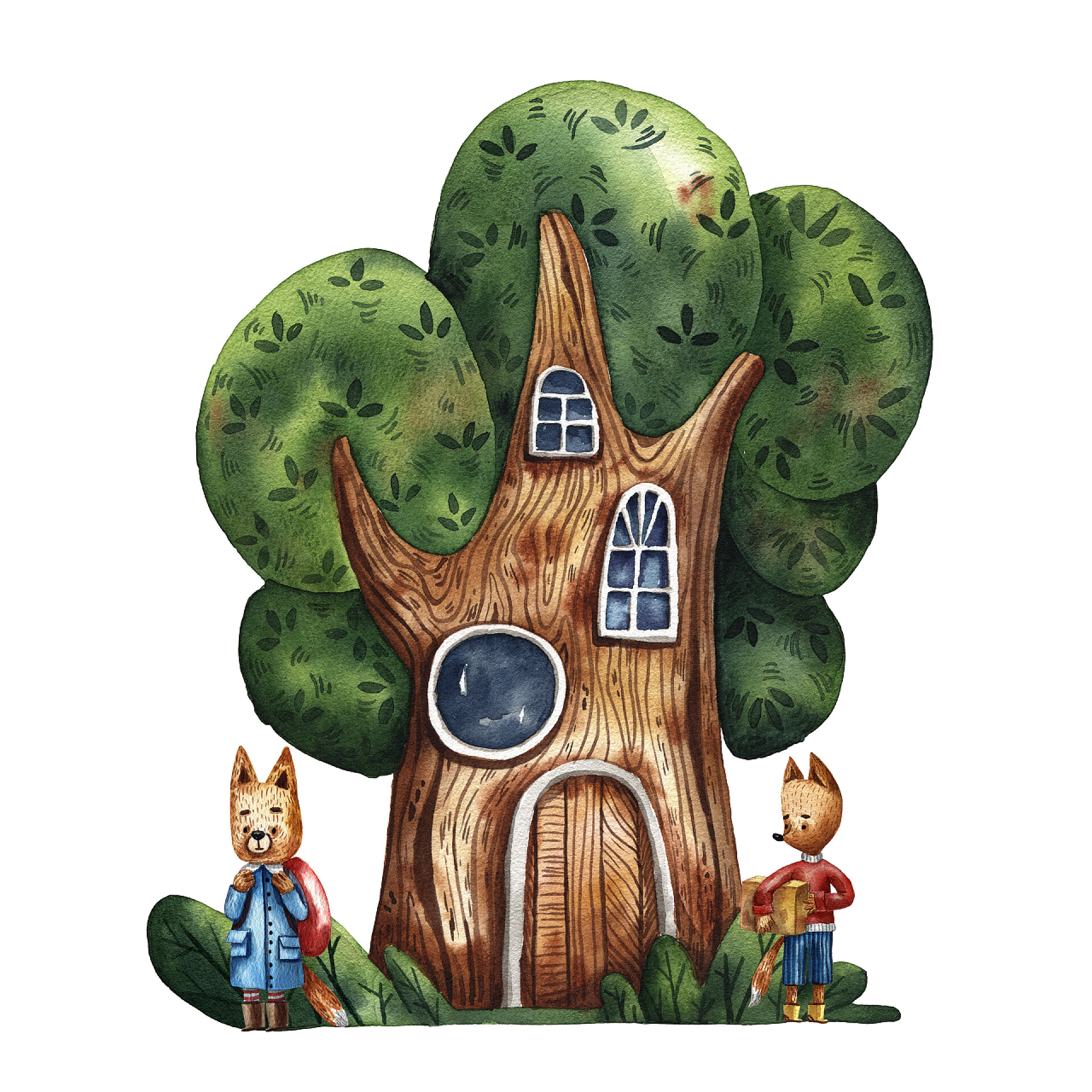 两只可爱的森林狐狸靠近木屋的手绘插图
