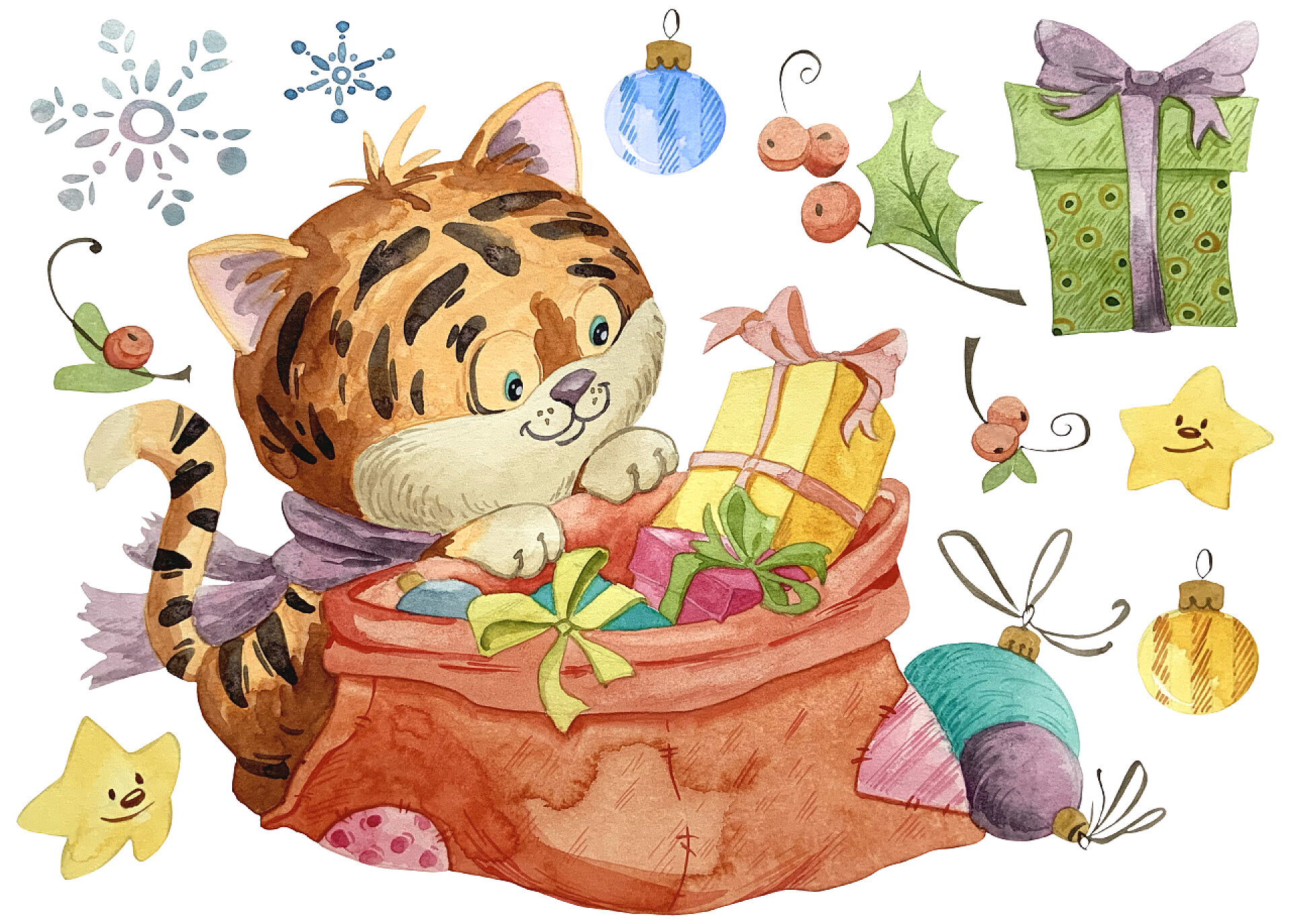 水彩画可爱的老虎