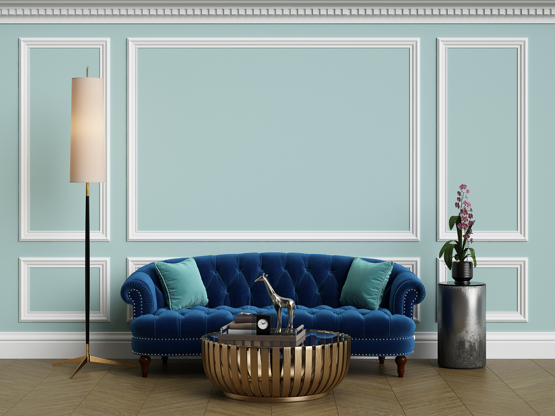 蓝色墙体和蓝色沙发室内软装室内装潢