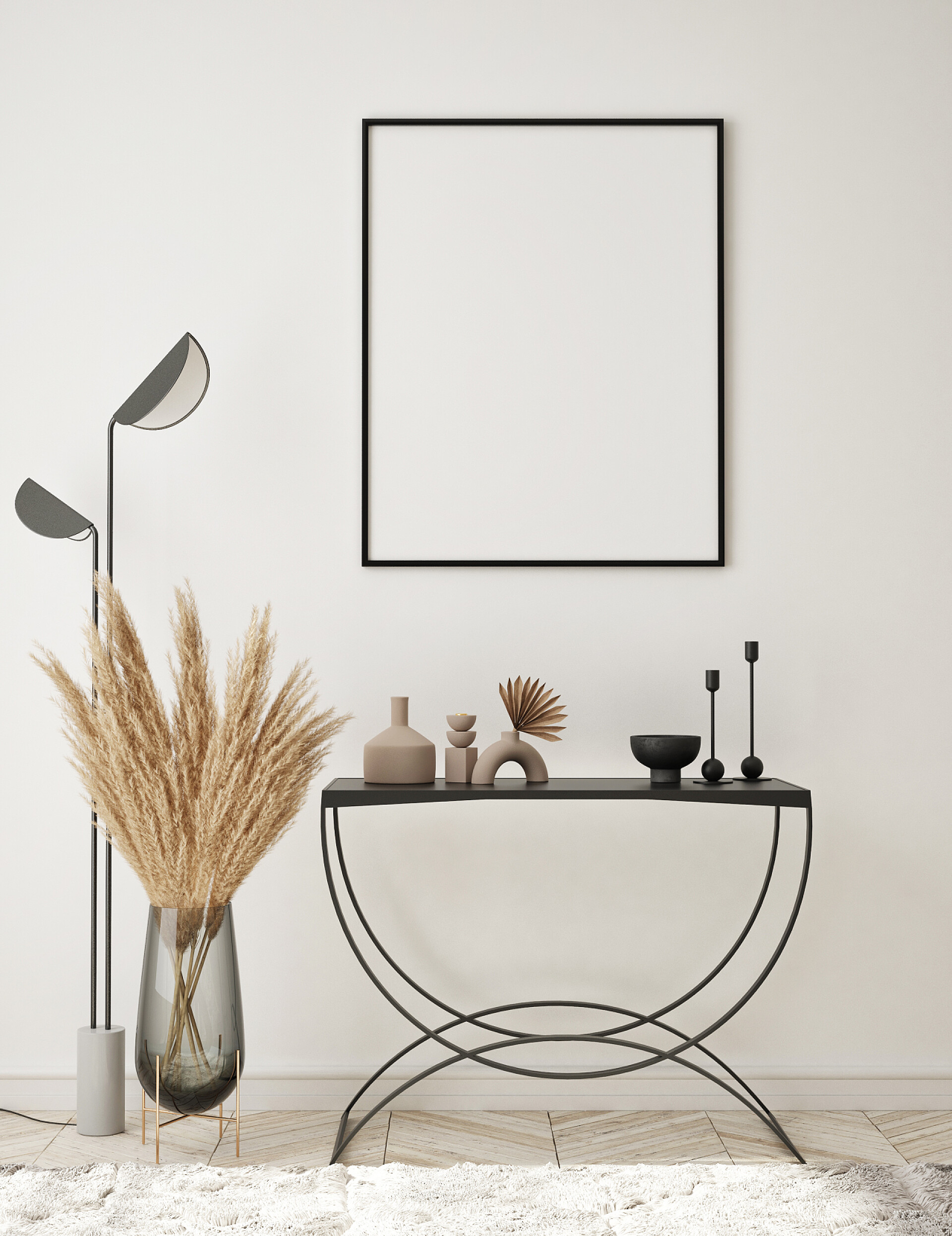 现代室内软装展示室内装潢、客厅、斯堪的纳维亚风格、 3D渲染、 3D插图中模拟海报框架