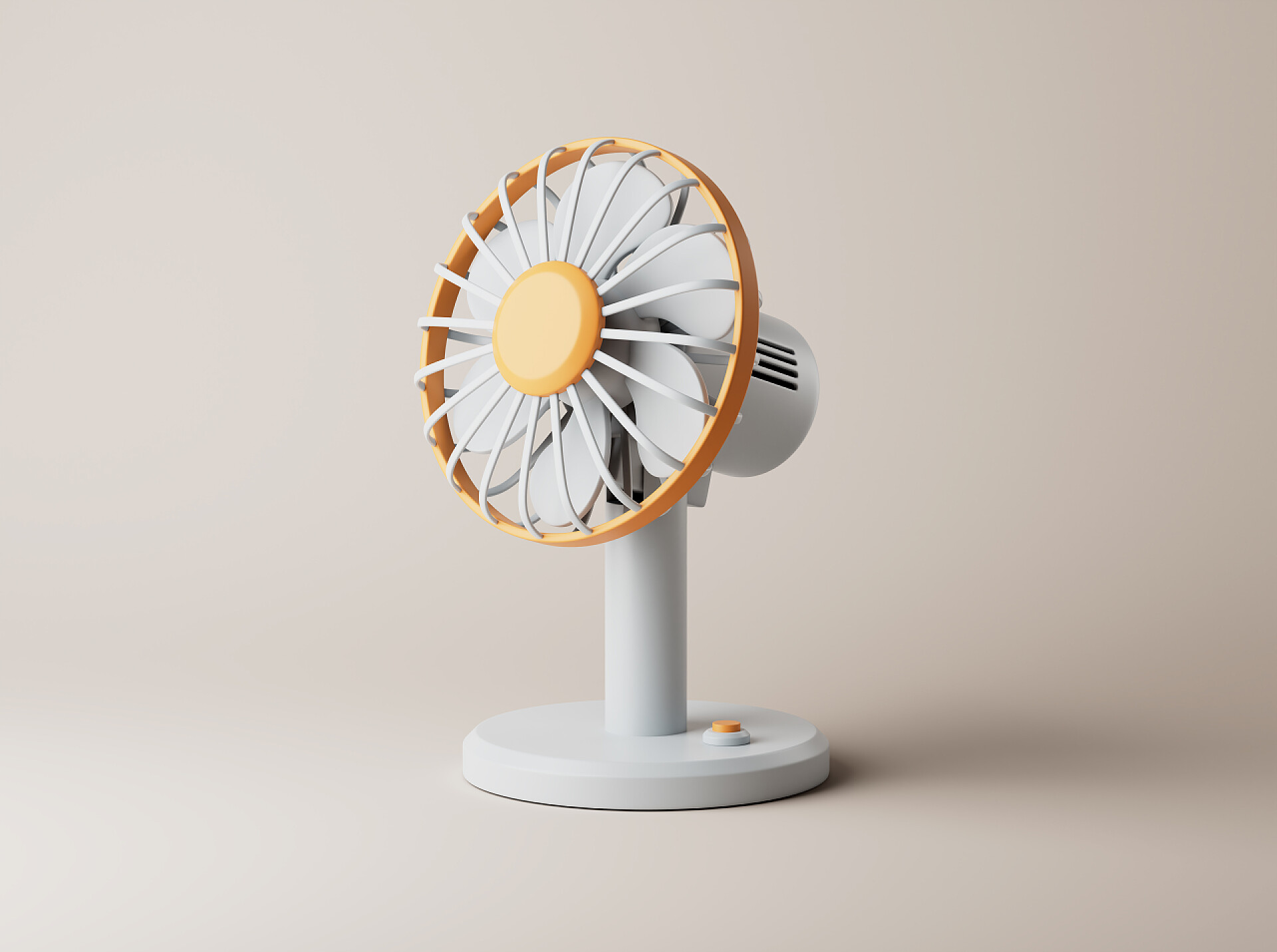 在米白色背景上的手持白橙色小风扇