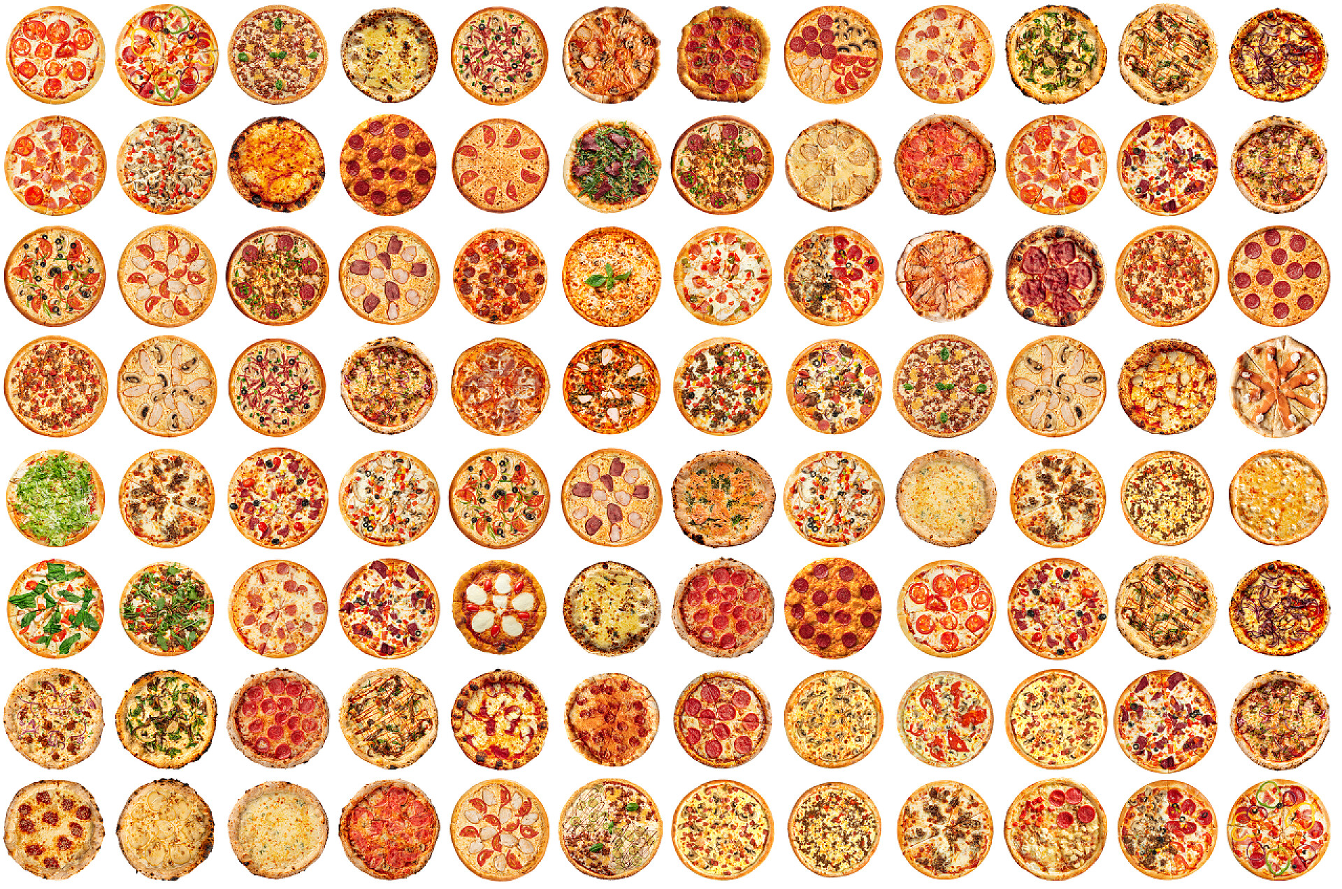 白色背景上的披萨饼拼贴美食