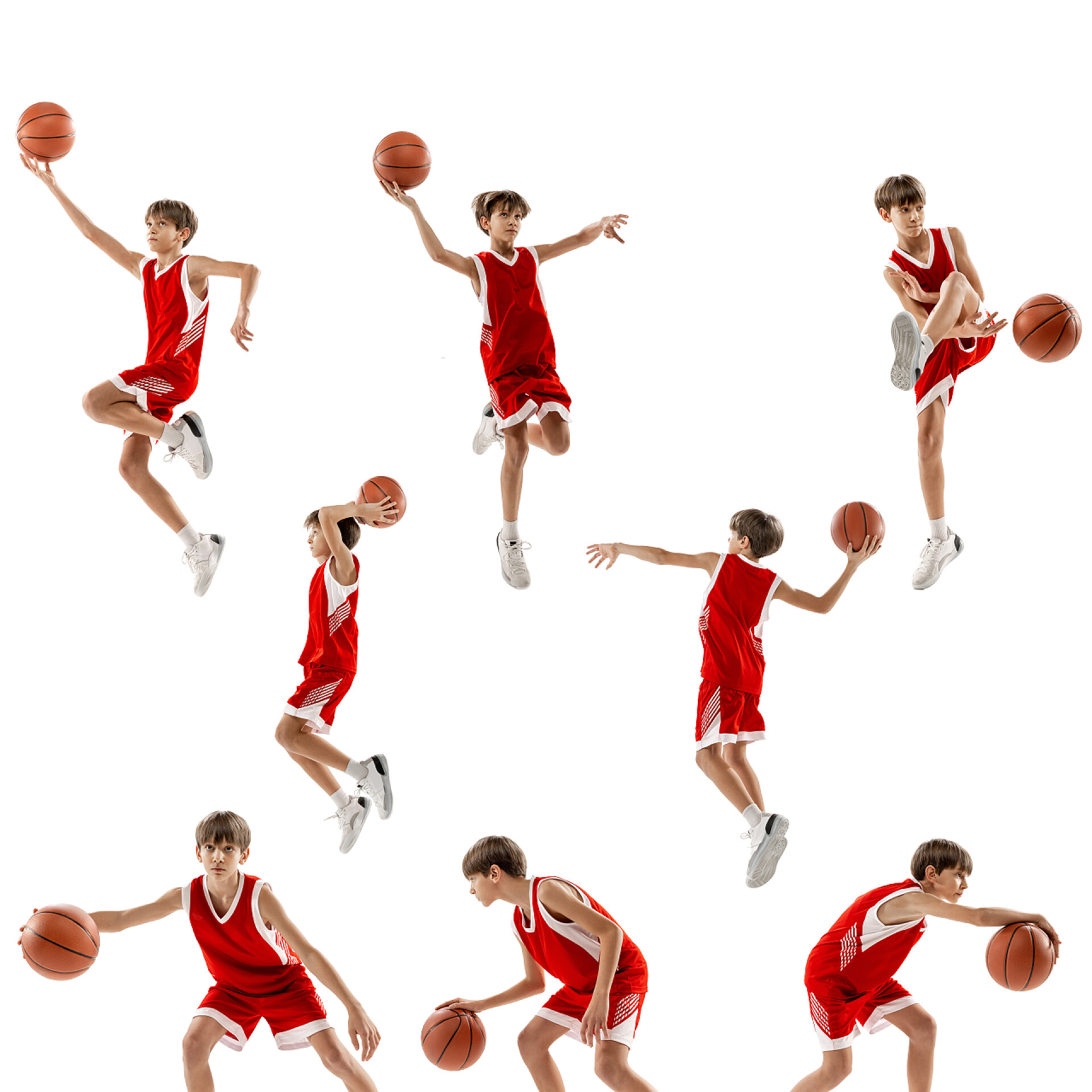 体育运动锻炼穿着红色篮球服的年轻男孩在打篮球的肖像拼贴