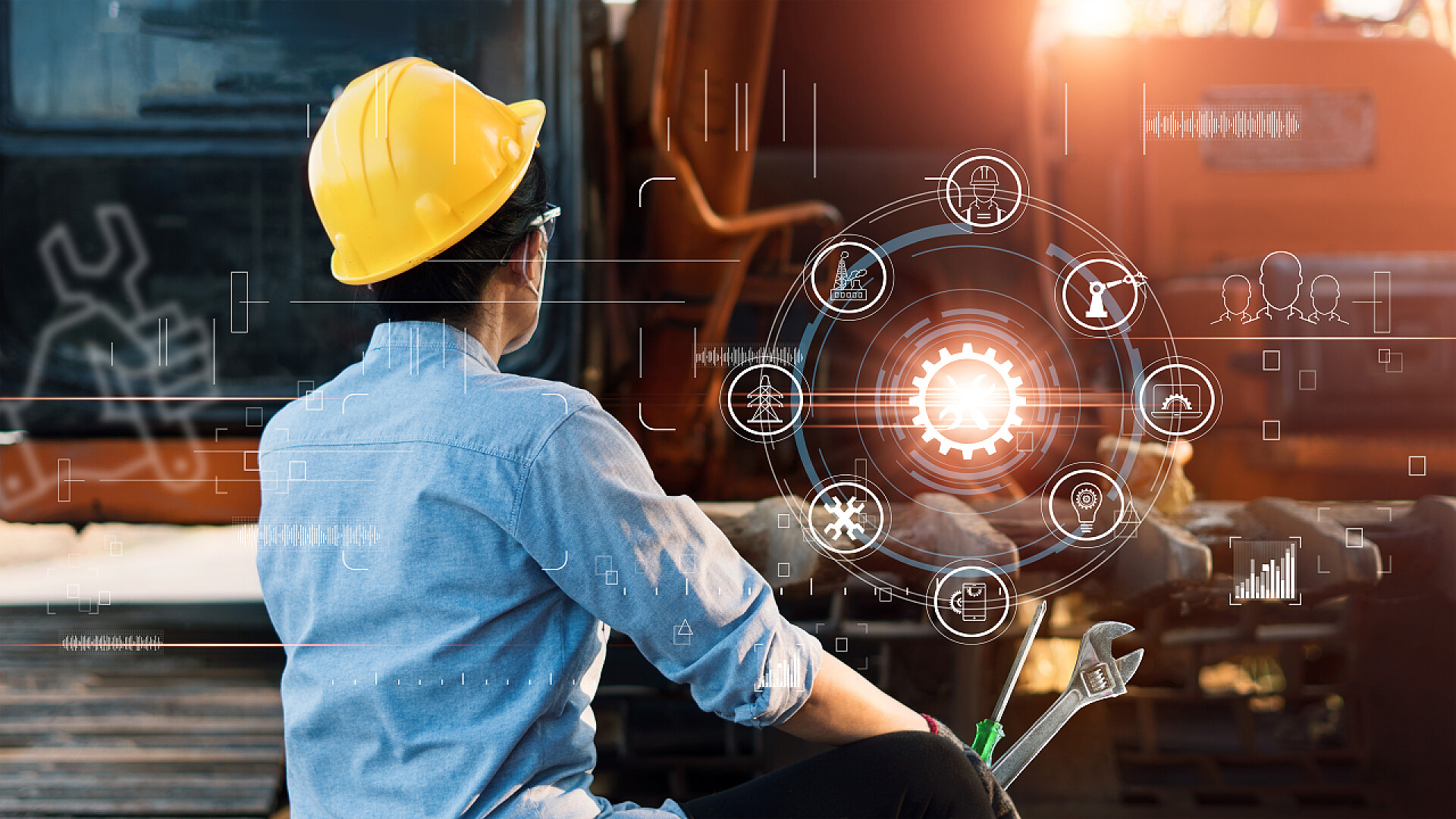 工业工程师在给工地牵引机工具维护和图标工程的融合的背景