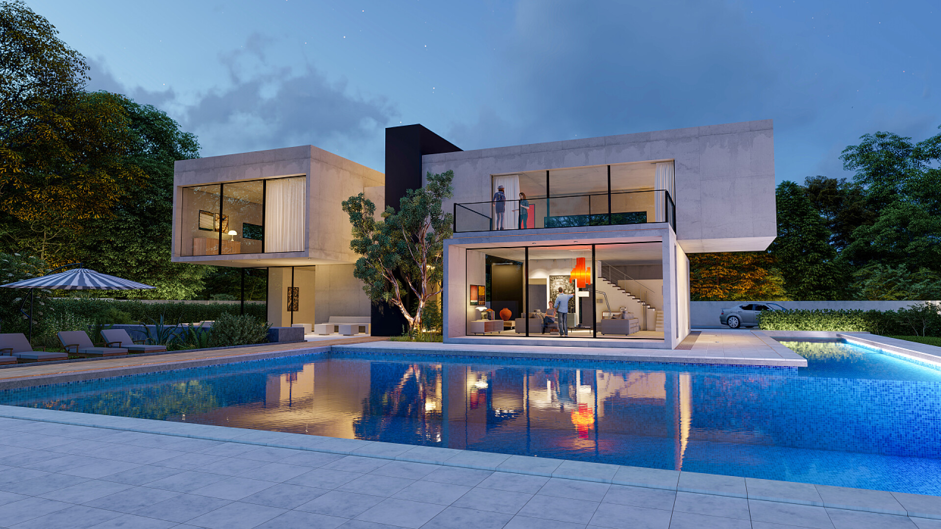 一座带有花园和游泳池的当代大别墅建筑设计