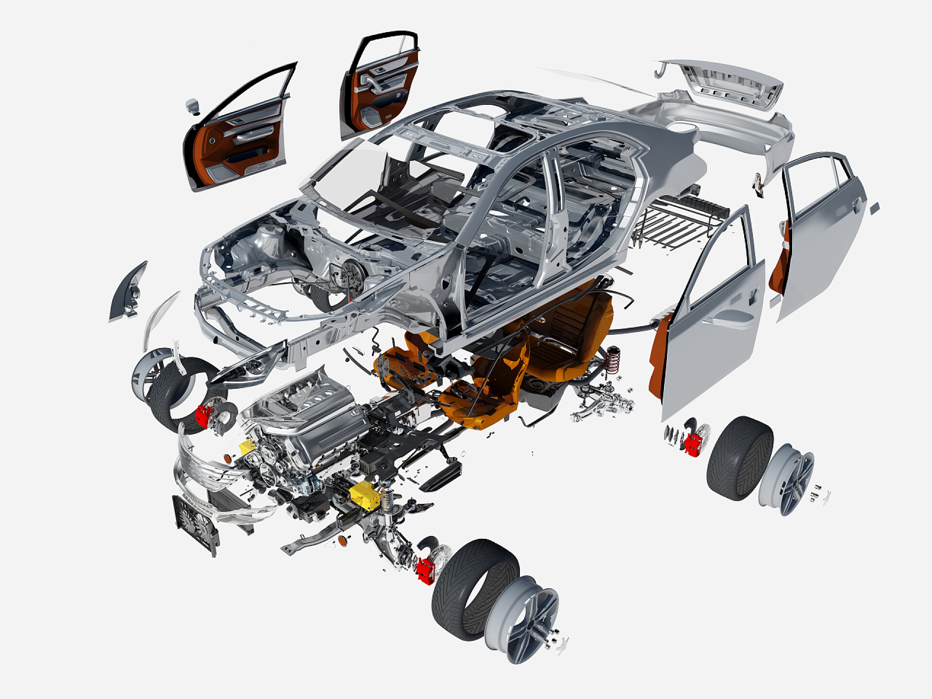 在白色背景下的车零部件拆分显示图
