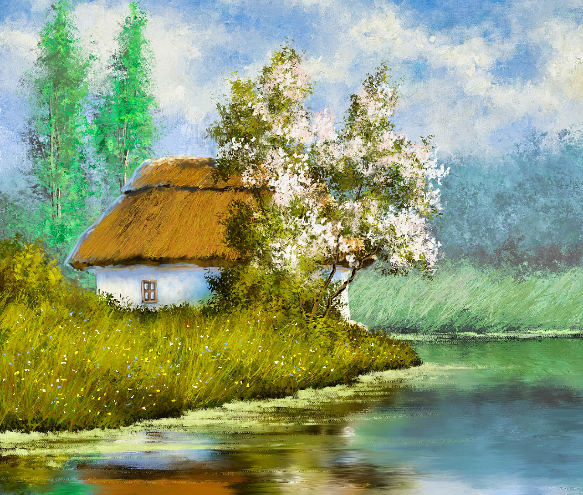 自然景观小河旁的美丽风景油画写生画家AI作画乡下时光农家乐