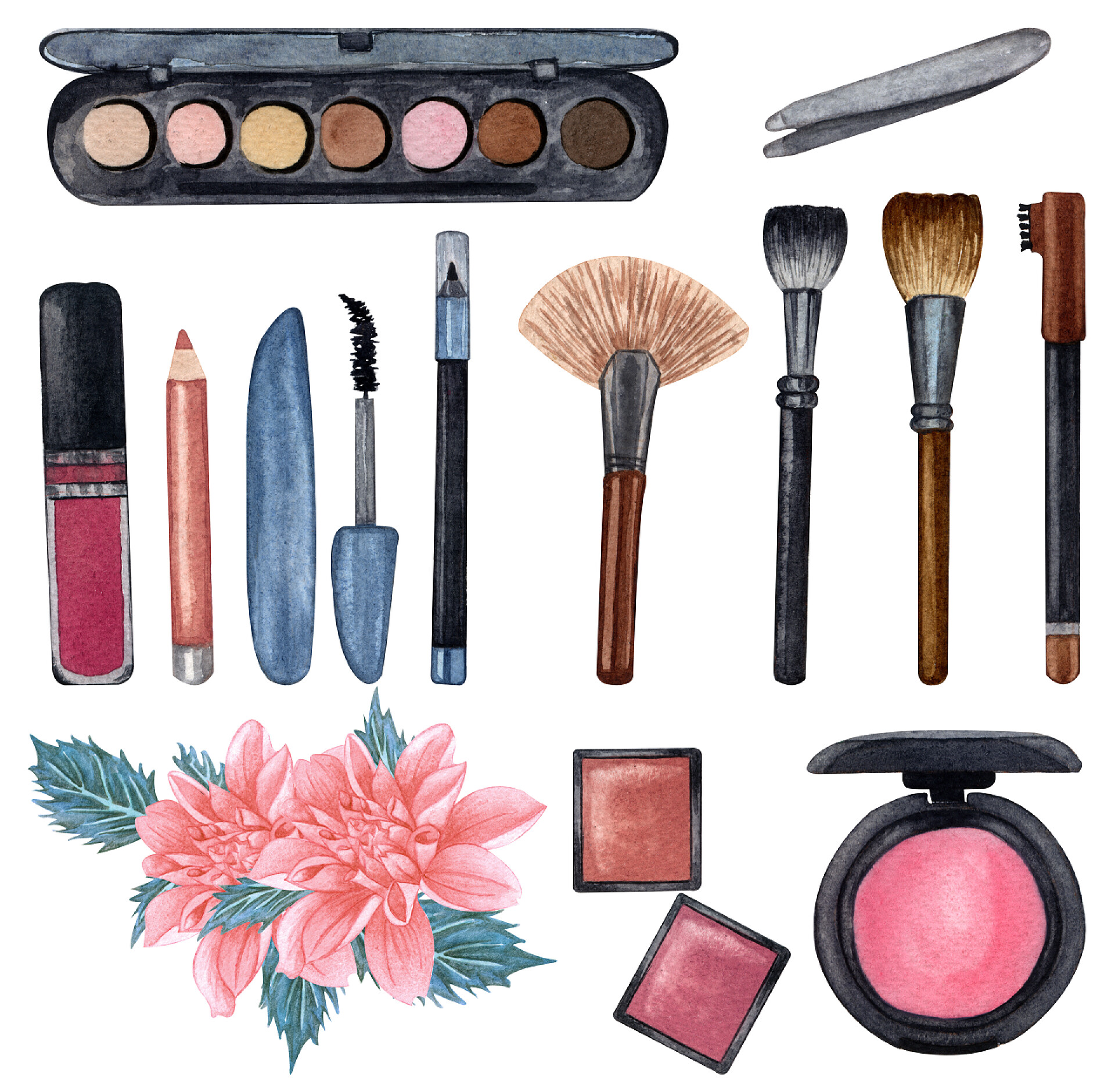 白色背景上的水彩化妆品工具化妆品