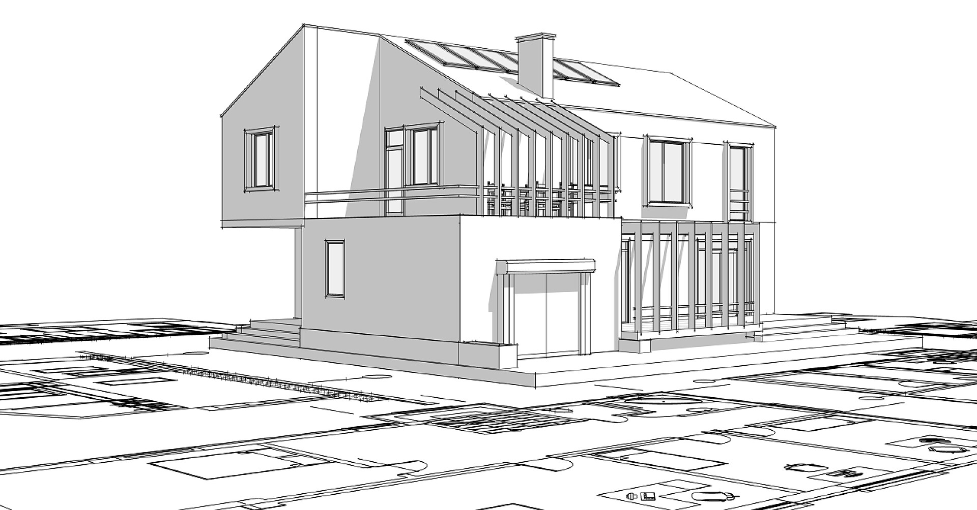 房屋建筑草图3D渲染蓝图