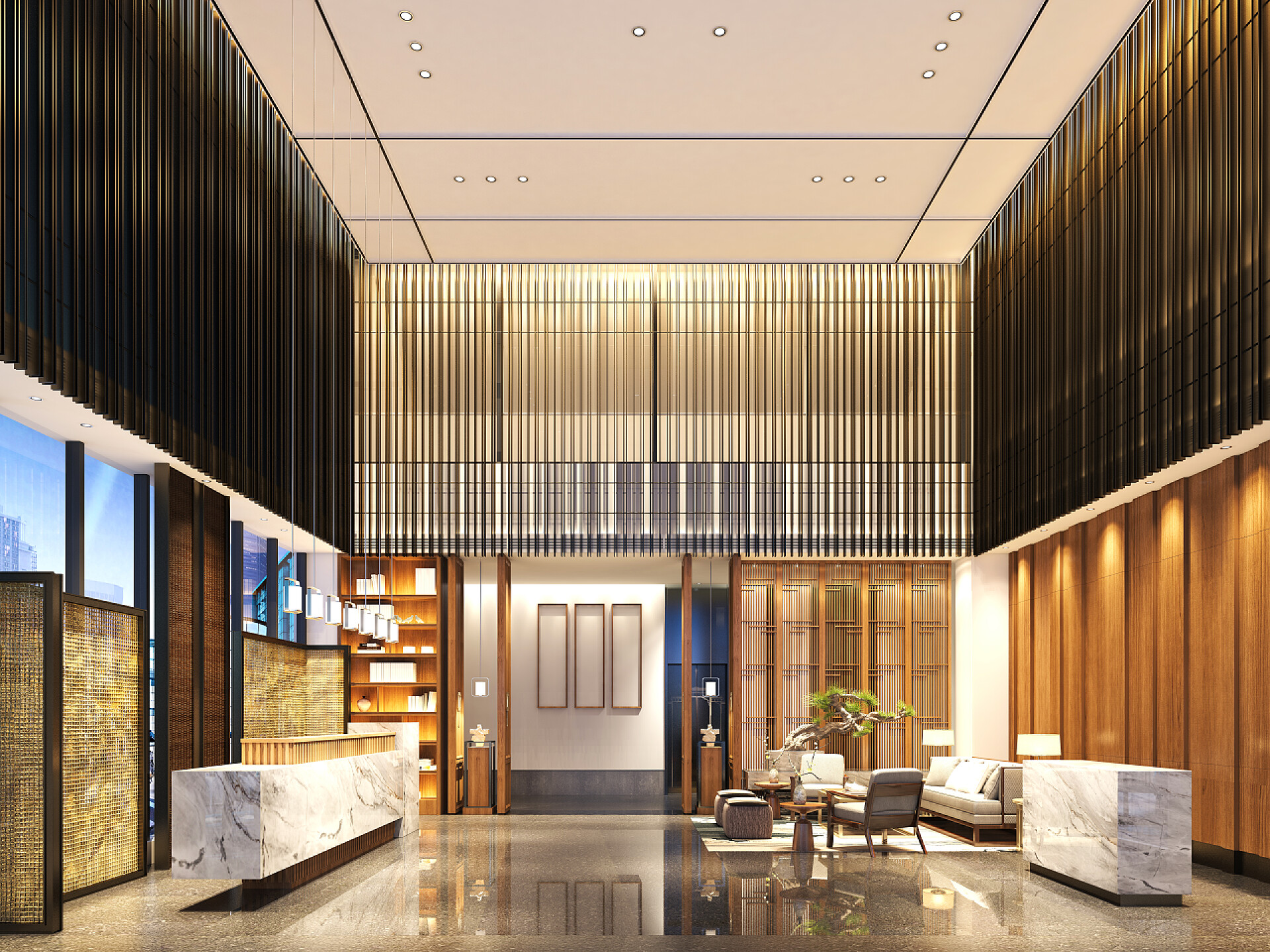 3D渲染模型豪华酒店大厅室内设计室内装修