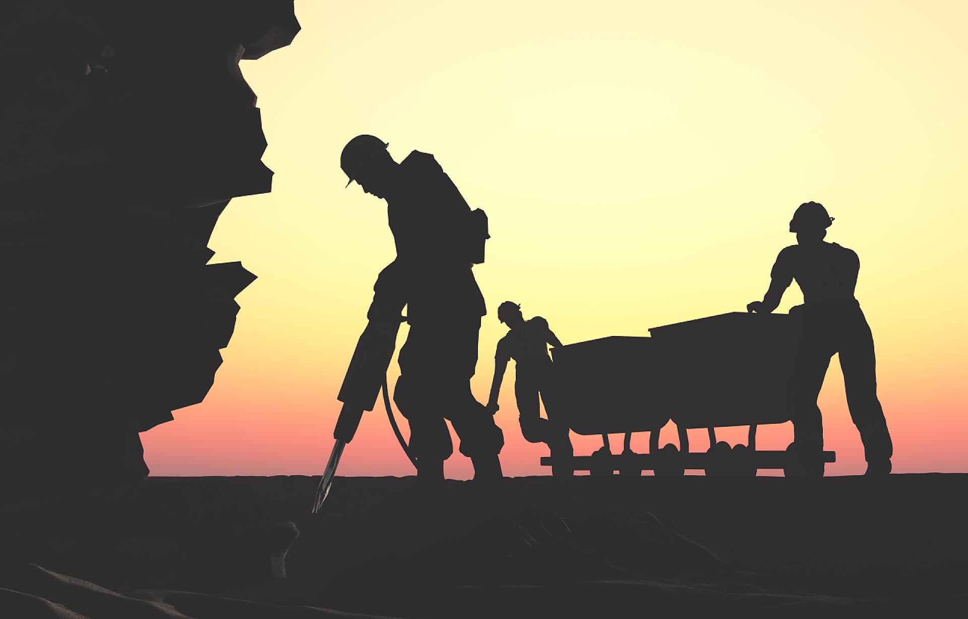 矿工在露天矿场工作的剪影