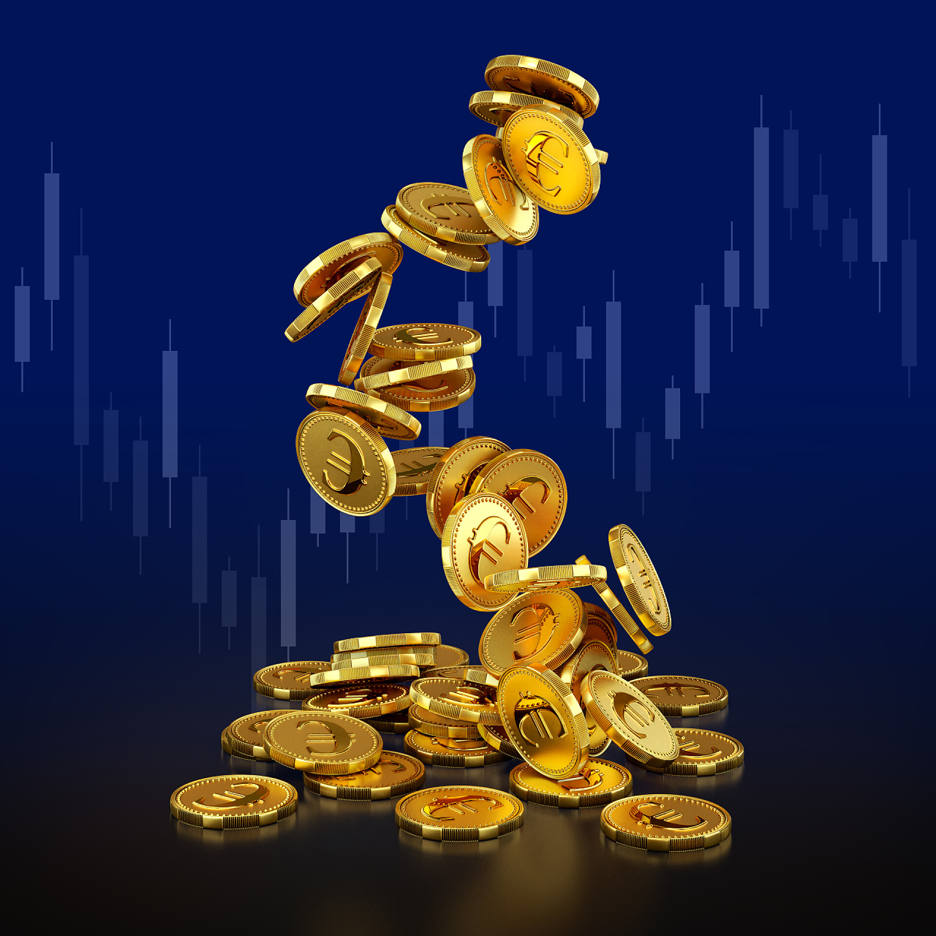 金融蓝色背景上掉落的金币