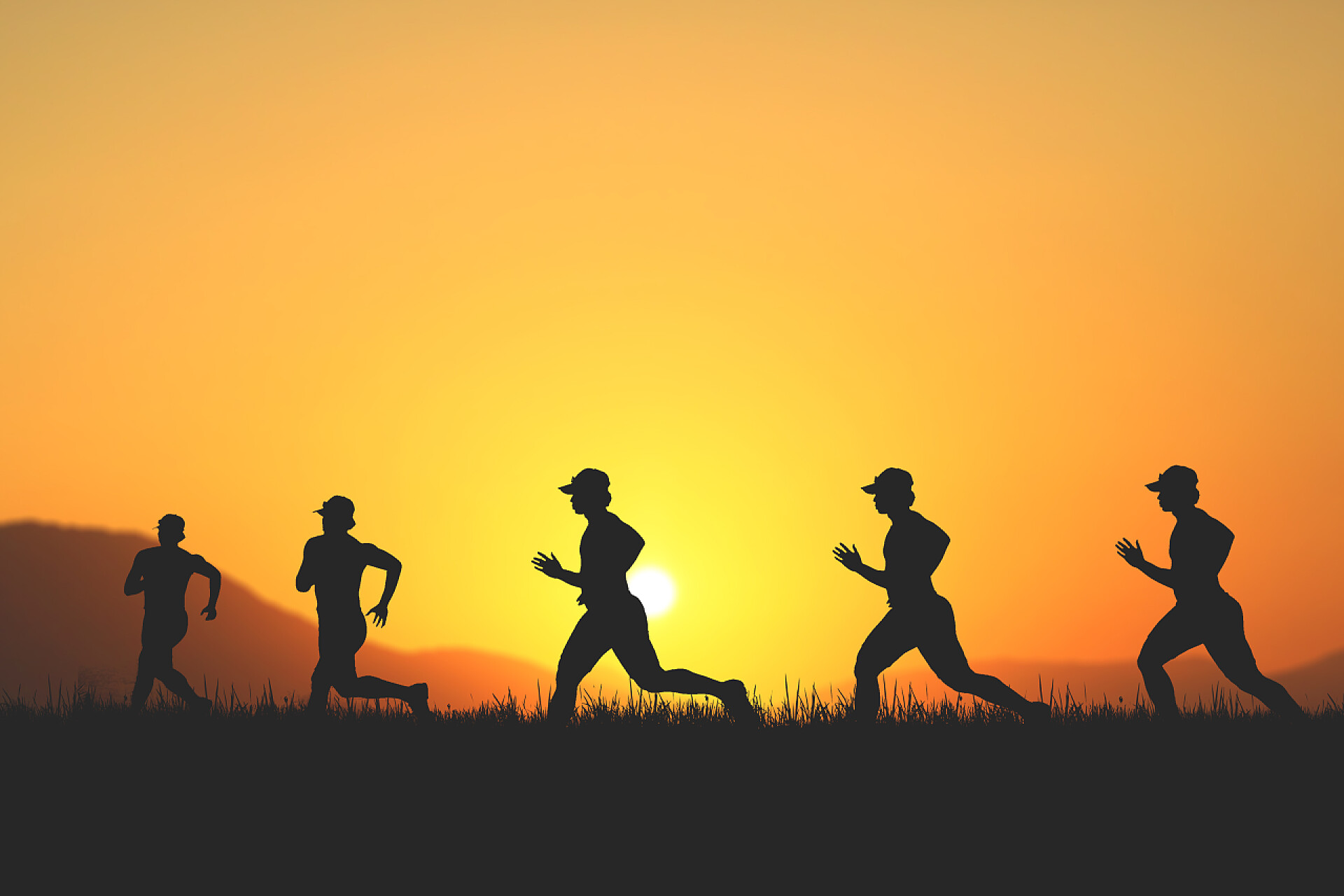 男人们在晚上跑步运动锻炼身体剪影晨练