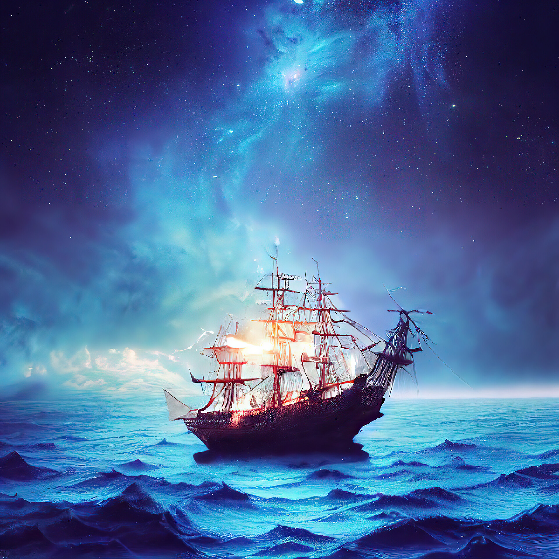 美丽的风景船有月亮和星星星空科幻片AI绘画