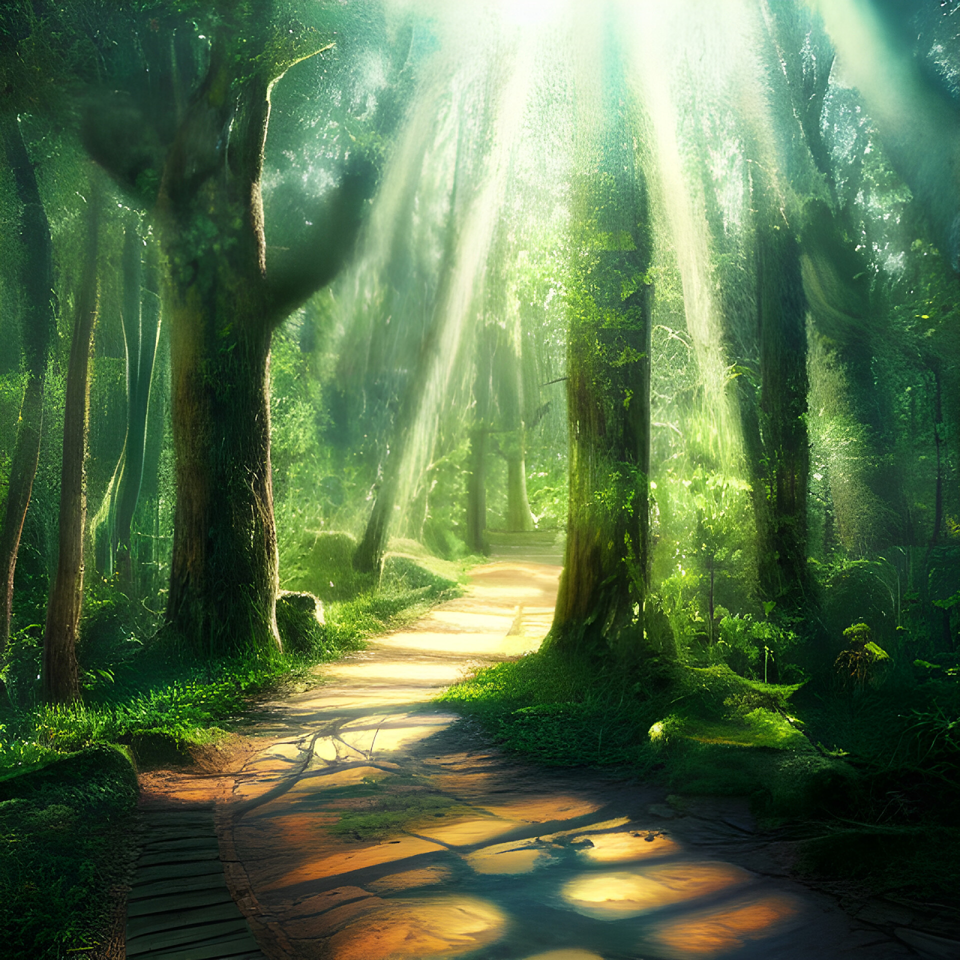 穿过幻想森林的小径阳光灿烂童话故事场景梦幻