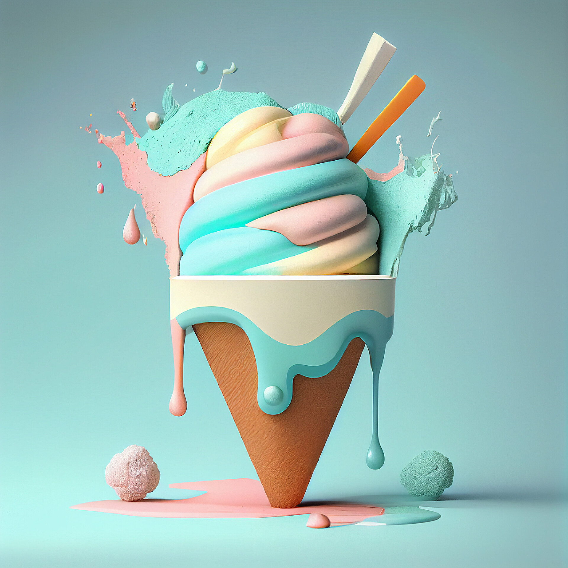 蓝绿色背景上的冰淇淋与华夫饼蛋卷混合