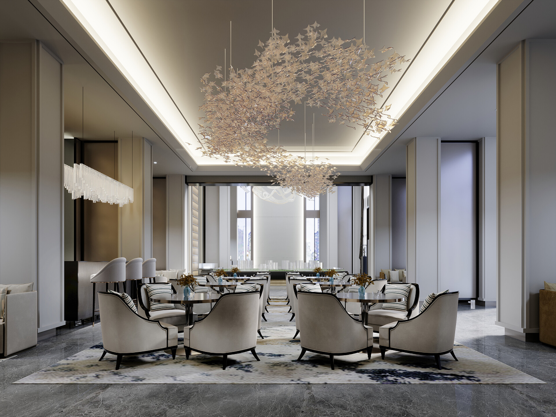 酒店餐饮部大厅里的桌椅布局宴会厅