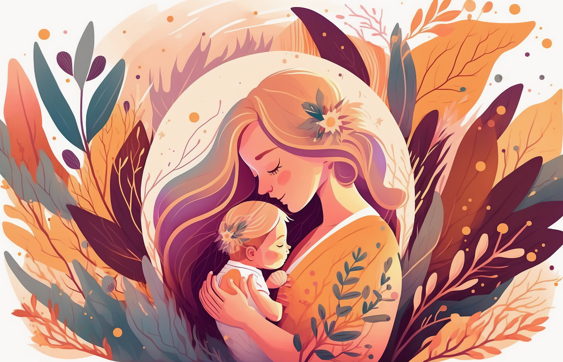 秋季展示母爱的插画亲子关系