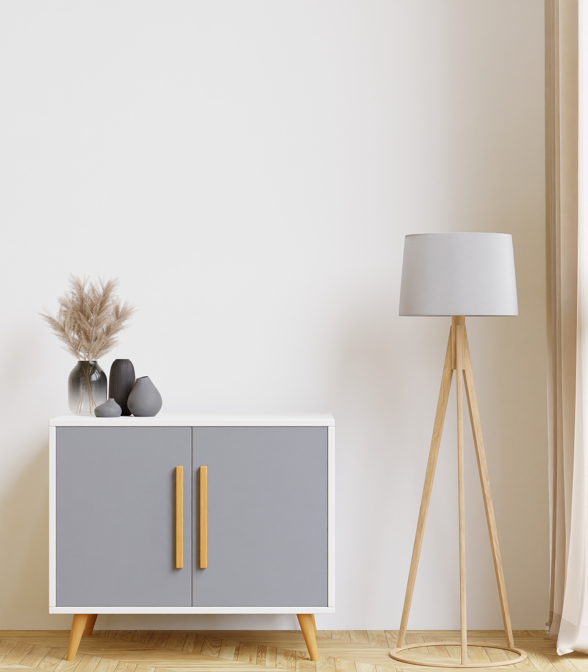 大型白色客厅.室内设计,木制餐具柜,灯具,地毯,模拟和复制空间的墙室内设计装修