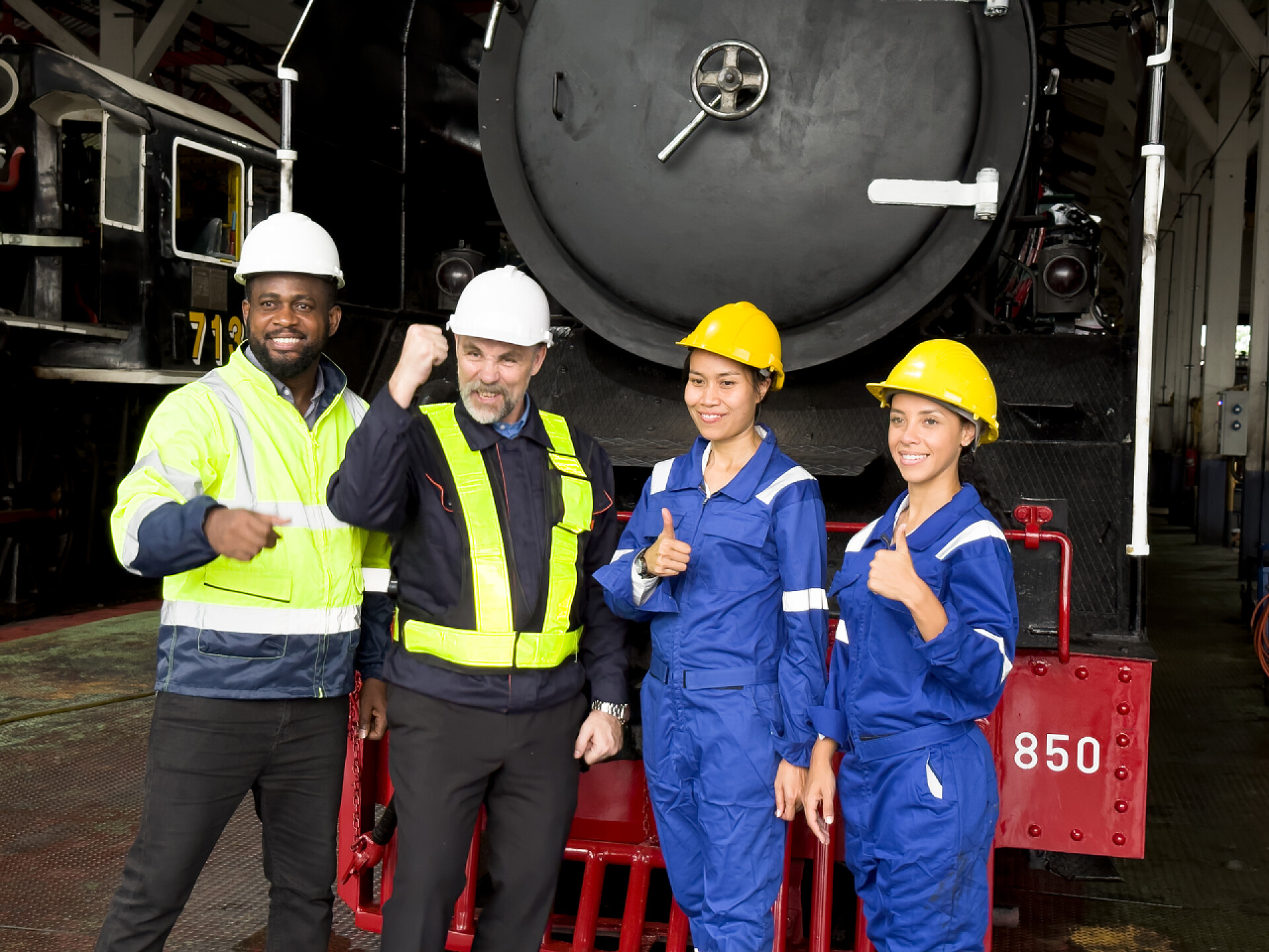 工程师穿着安全夹克衫做加油的手势