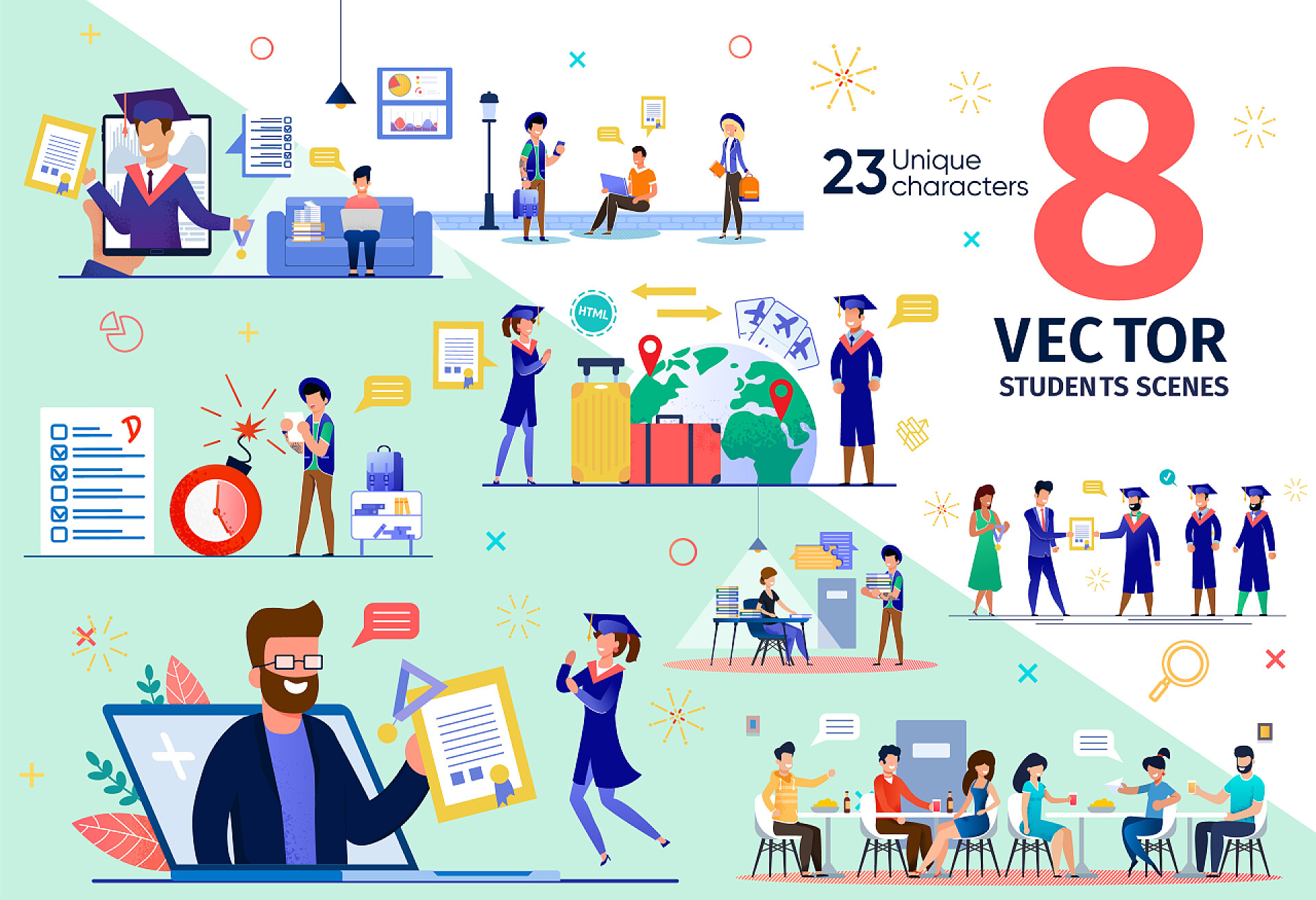 大学生教育趋势扁平矢量场景集