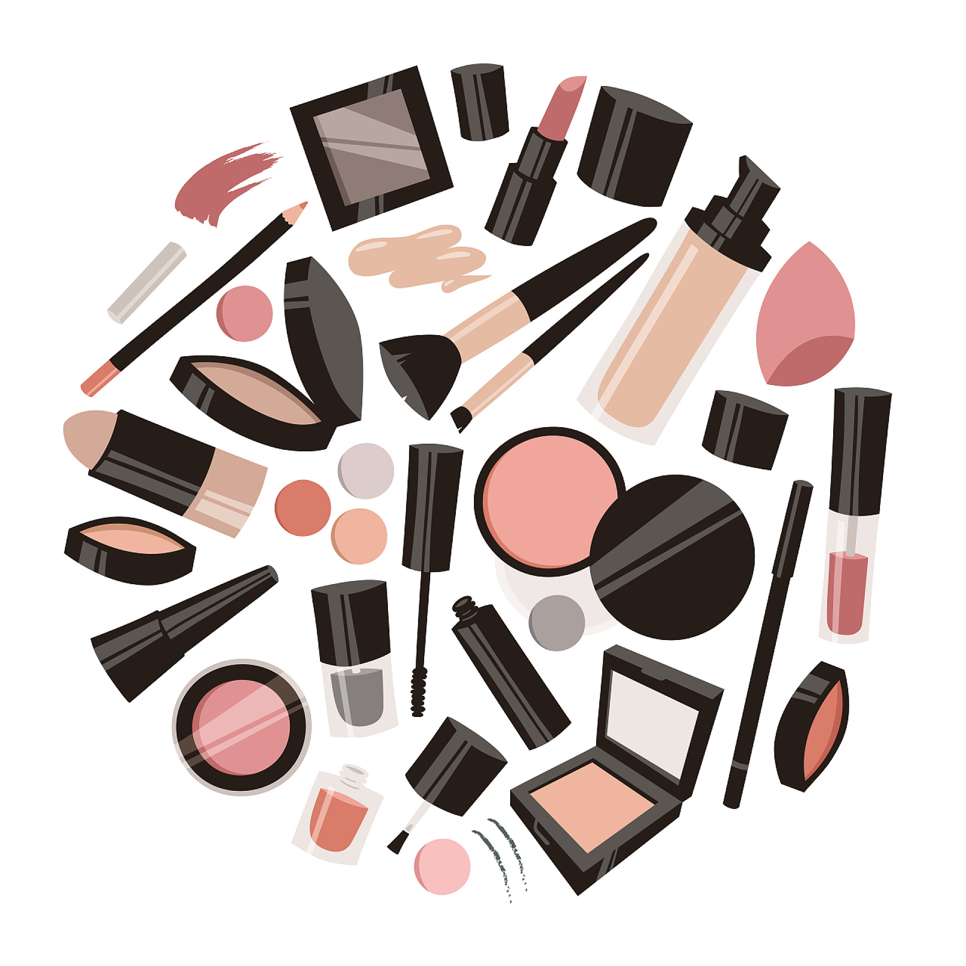 化妆品白色背景上的手绘卡通时尚图解化妆工具