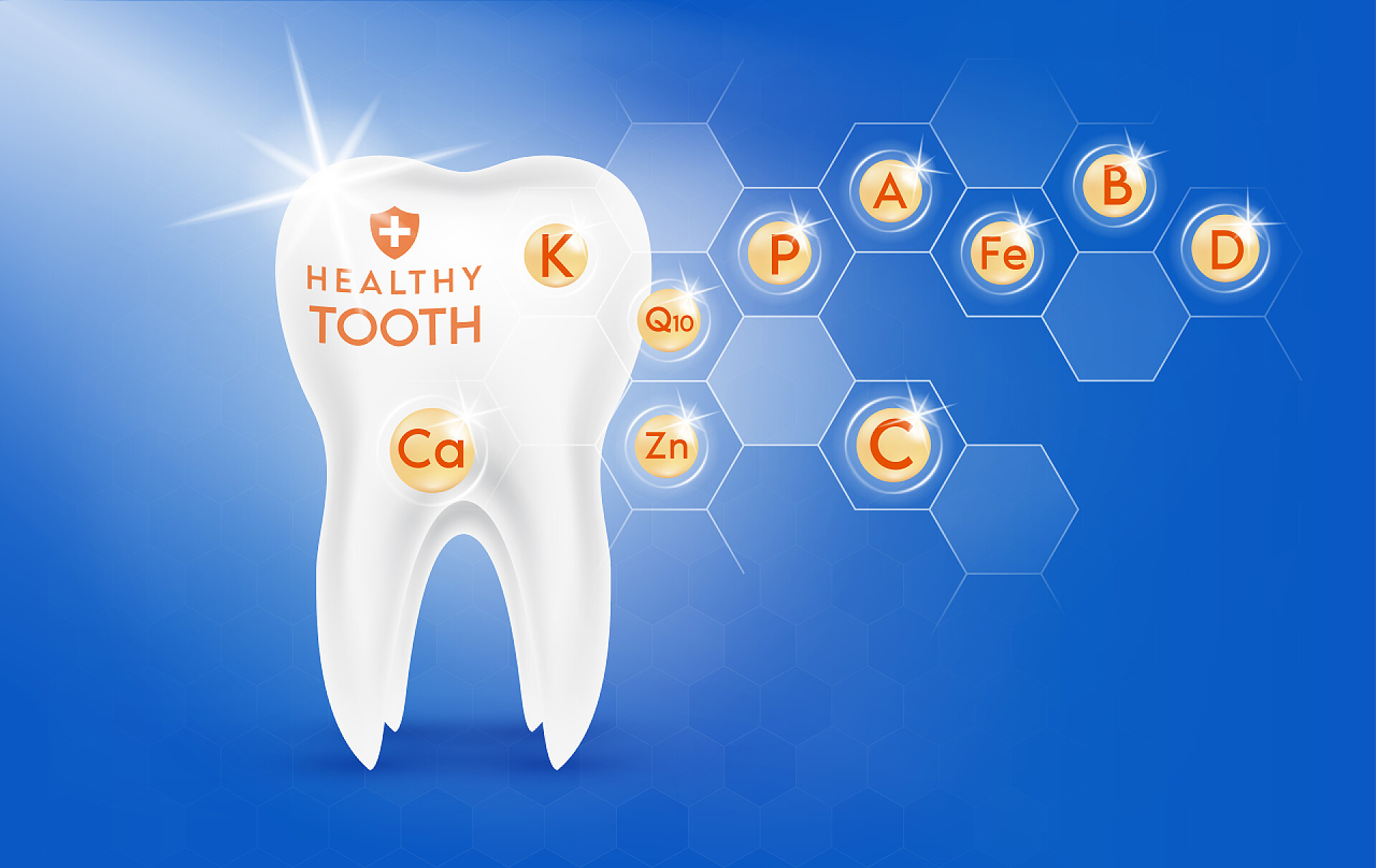 蓝色背景上美白牙齿的维生素标志