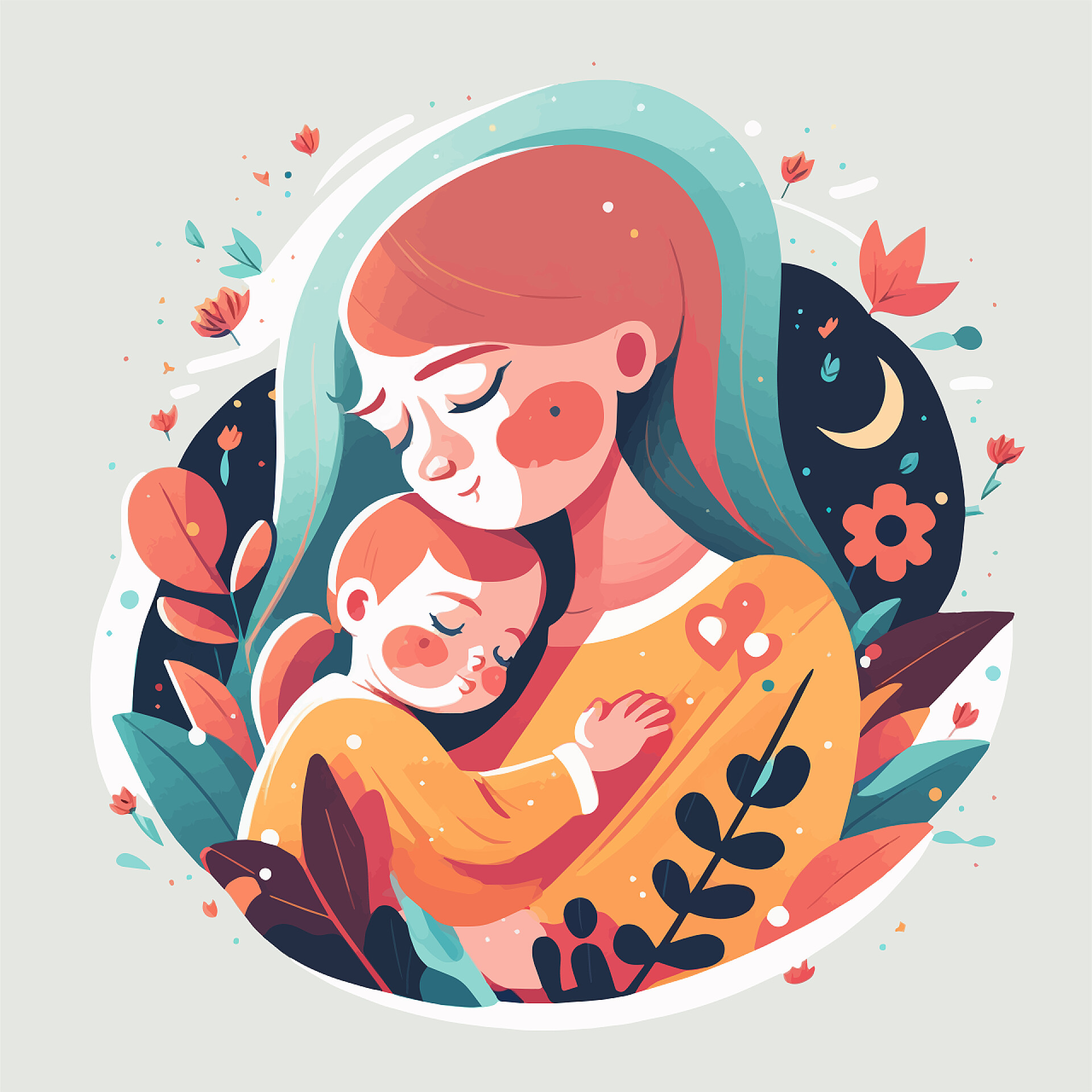 妈妈抱着宝宝在花朵的背景