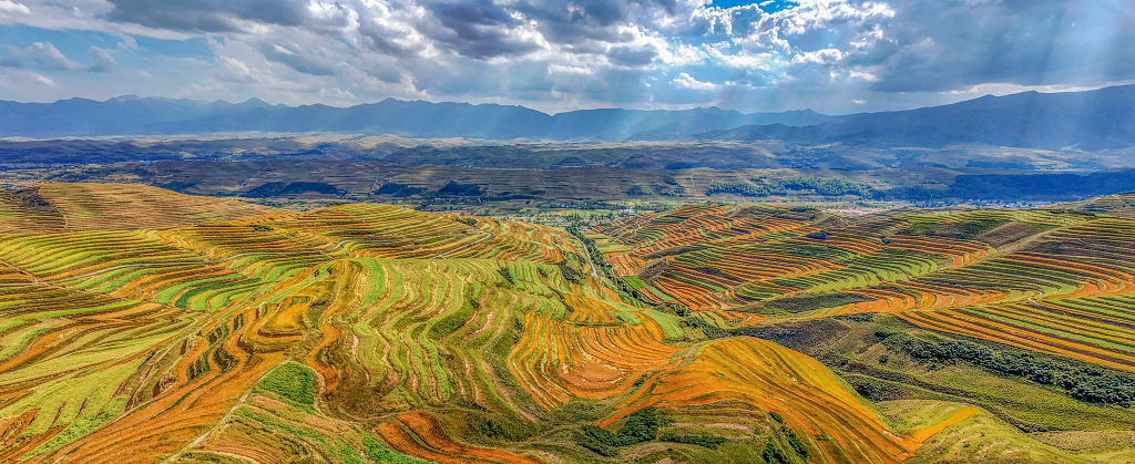 二十四节气芒种背景图芒种节芒种梯田耶稣光照在五颜六色的小山村的梯田上