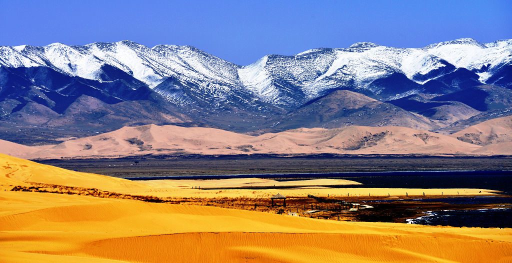 青海湖雪山下的沙岛